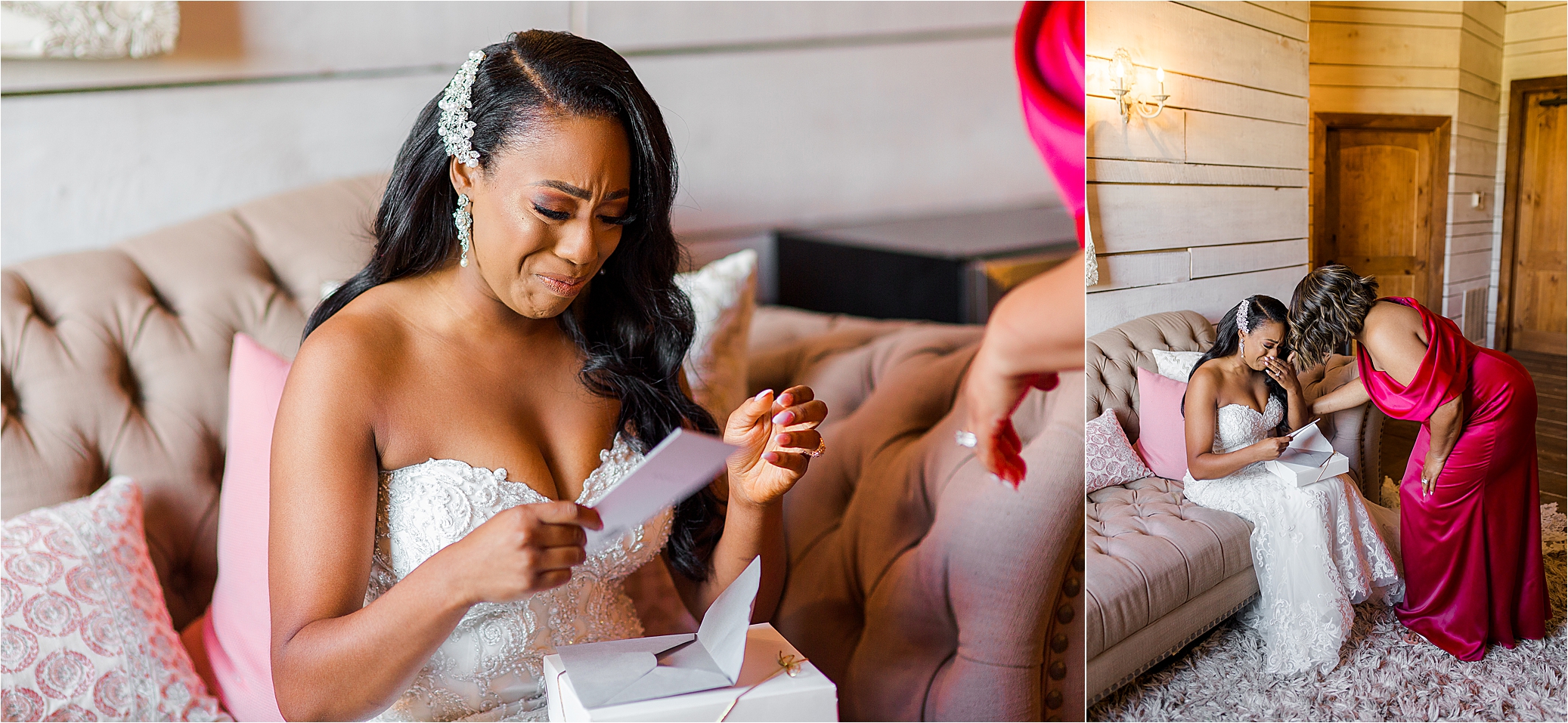 A bride cries as she opens a gift from her mom on her Morgan Creek Wedding day in Aubrey, Texas 