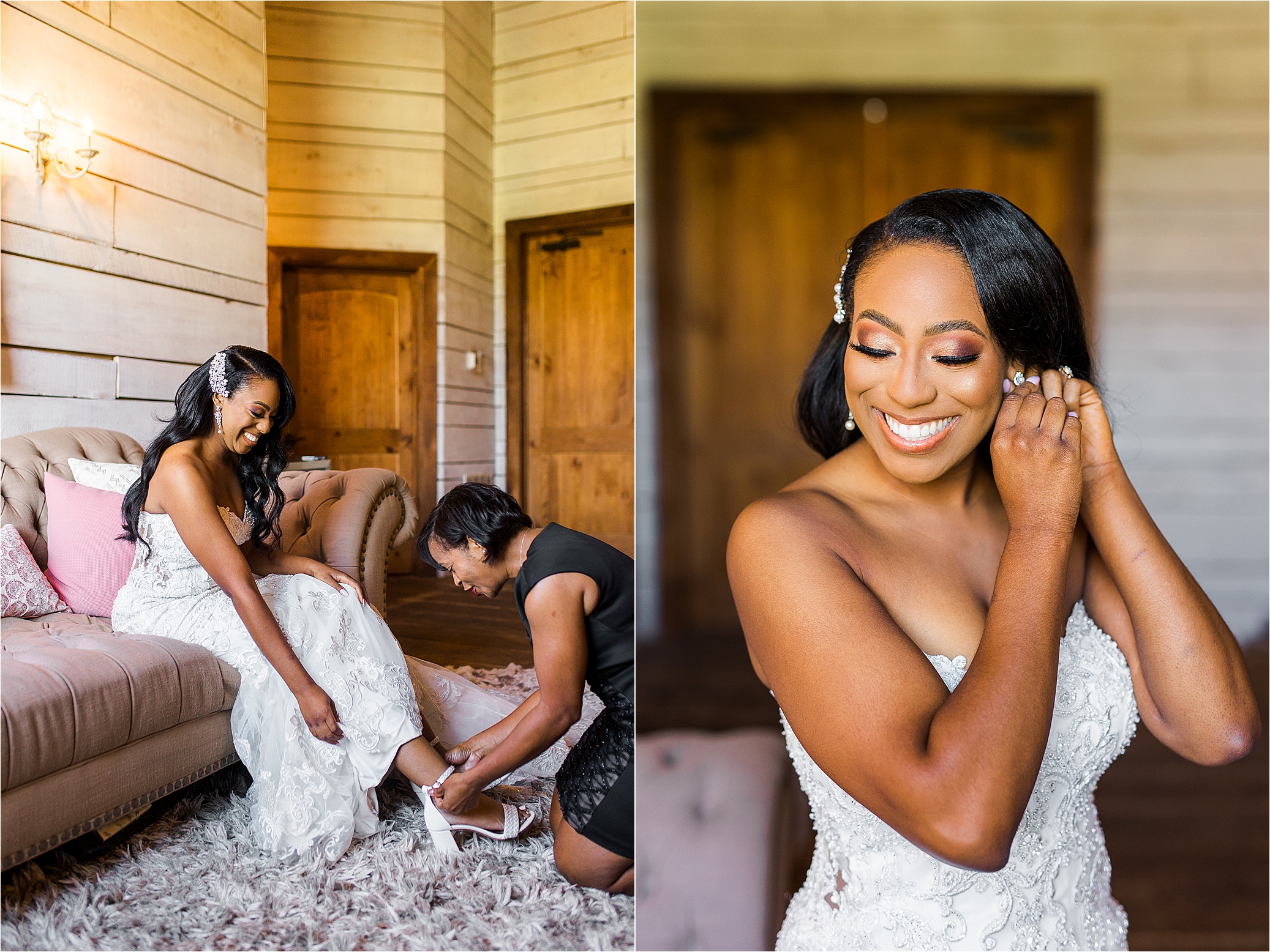 A bride puts on her shoes and earrings inside bridal suite at Morgan Creek Barn by San Antonio Wedding Photographer Jillian Hogan 