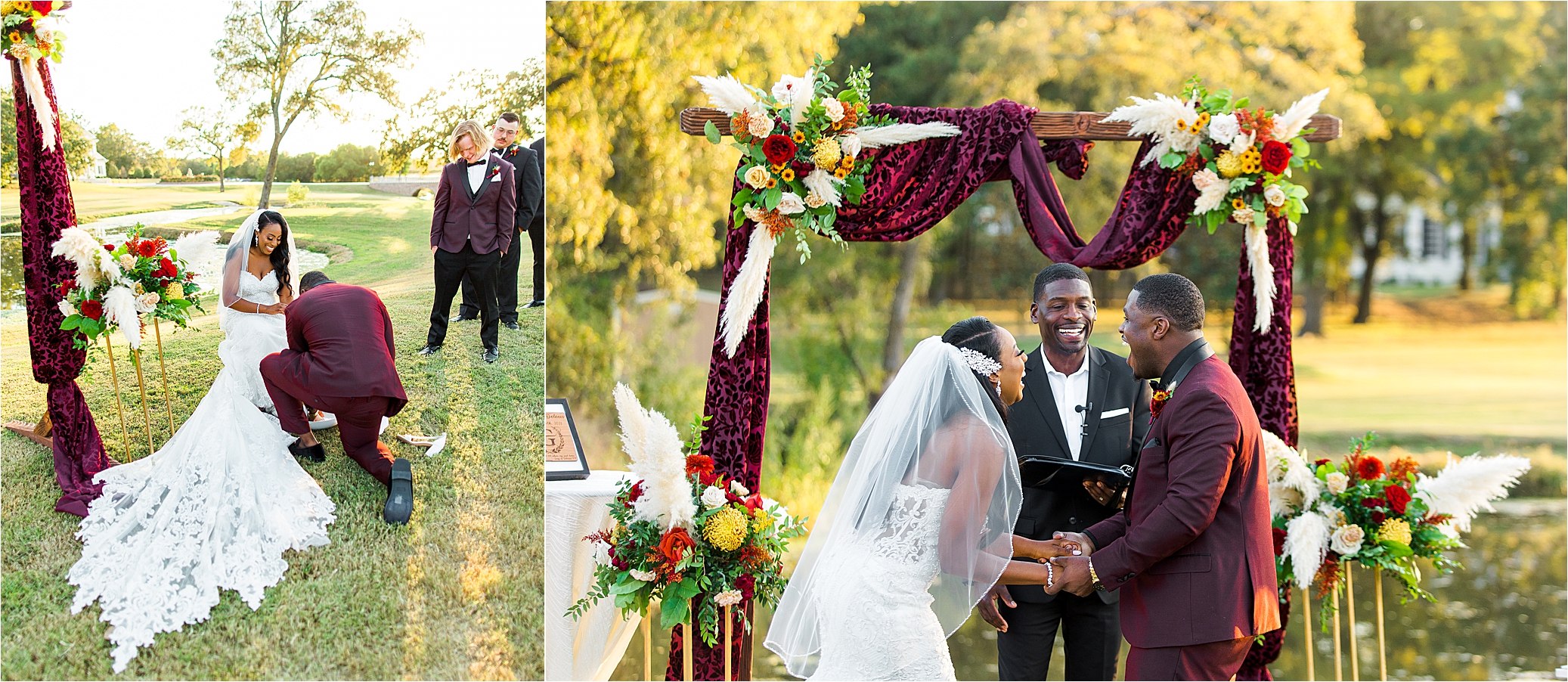 A bride and groom laugh as they exchange vows for their outdoor ceremony at The Morgan Creek Barn in Aubrey, Texas 