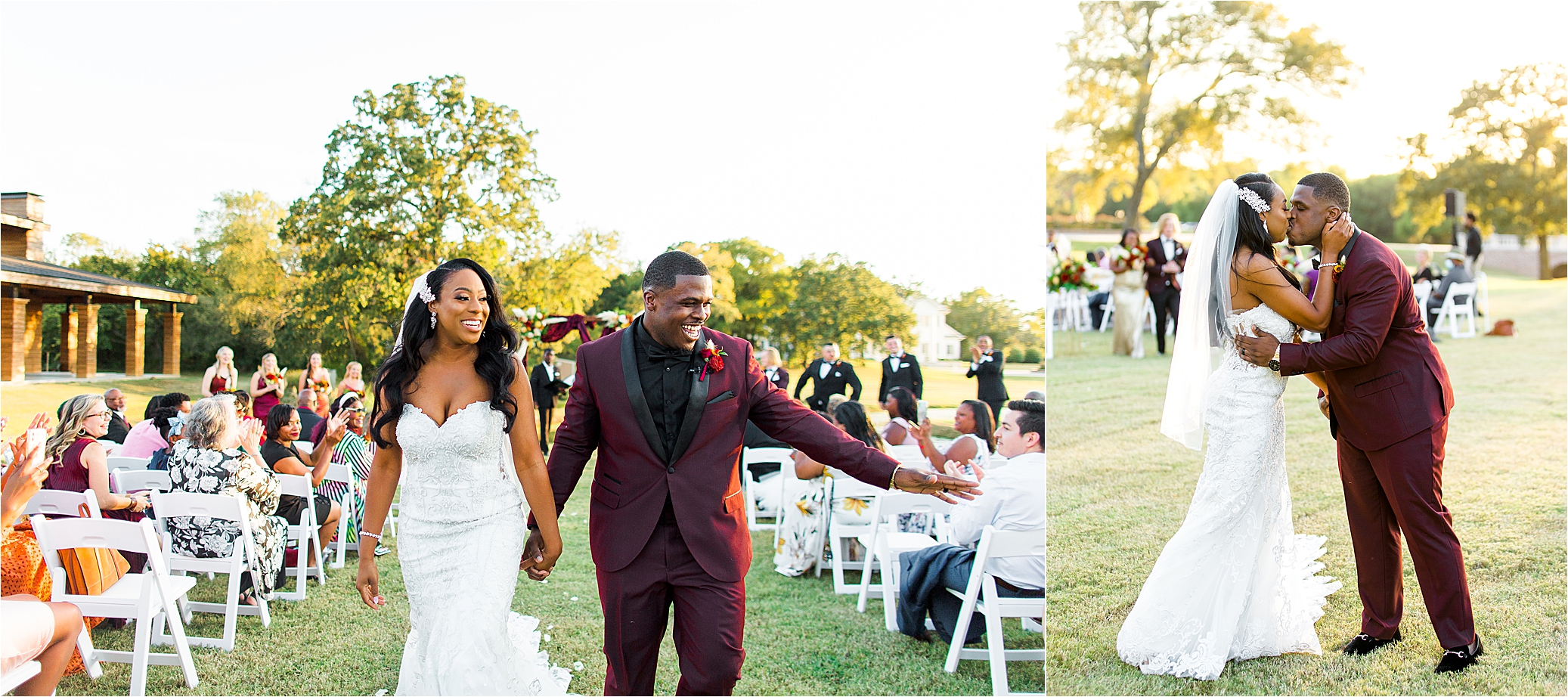 A bride and groom celebrate as newlyweds during their recessional at Morgan Creek Barn 