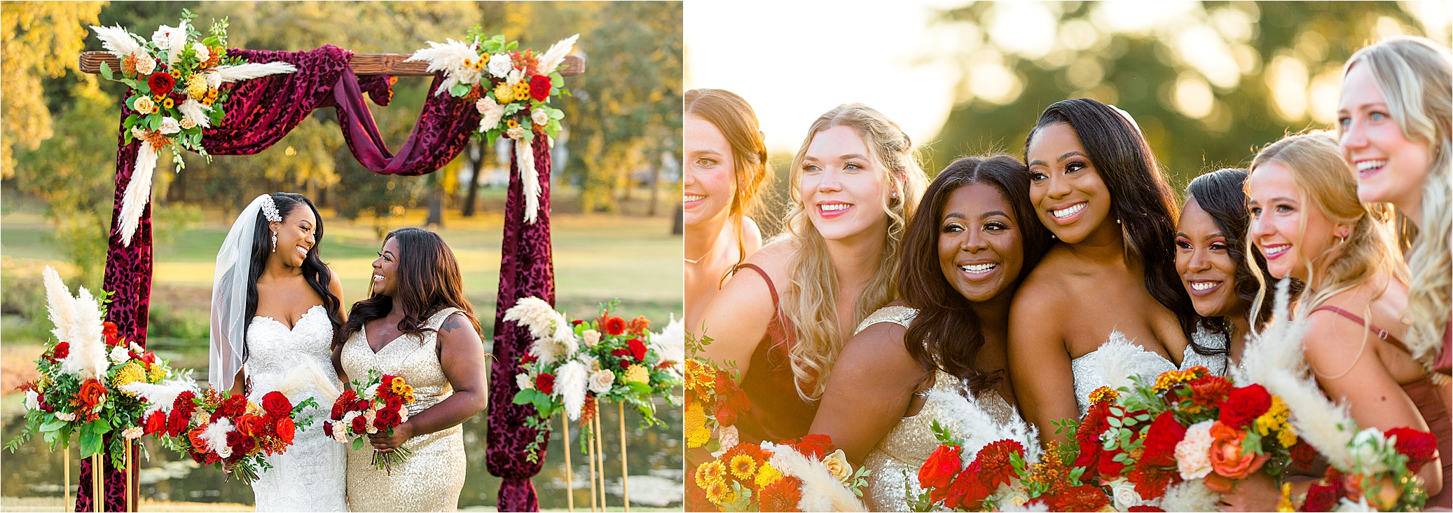 Bridesmaids photos with lots of red, gold and greenery at The Milestone by Boerne Wedding Photographer Jillian Hogan 