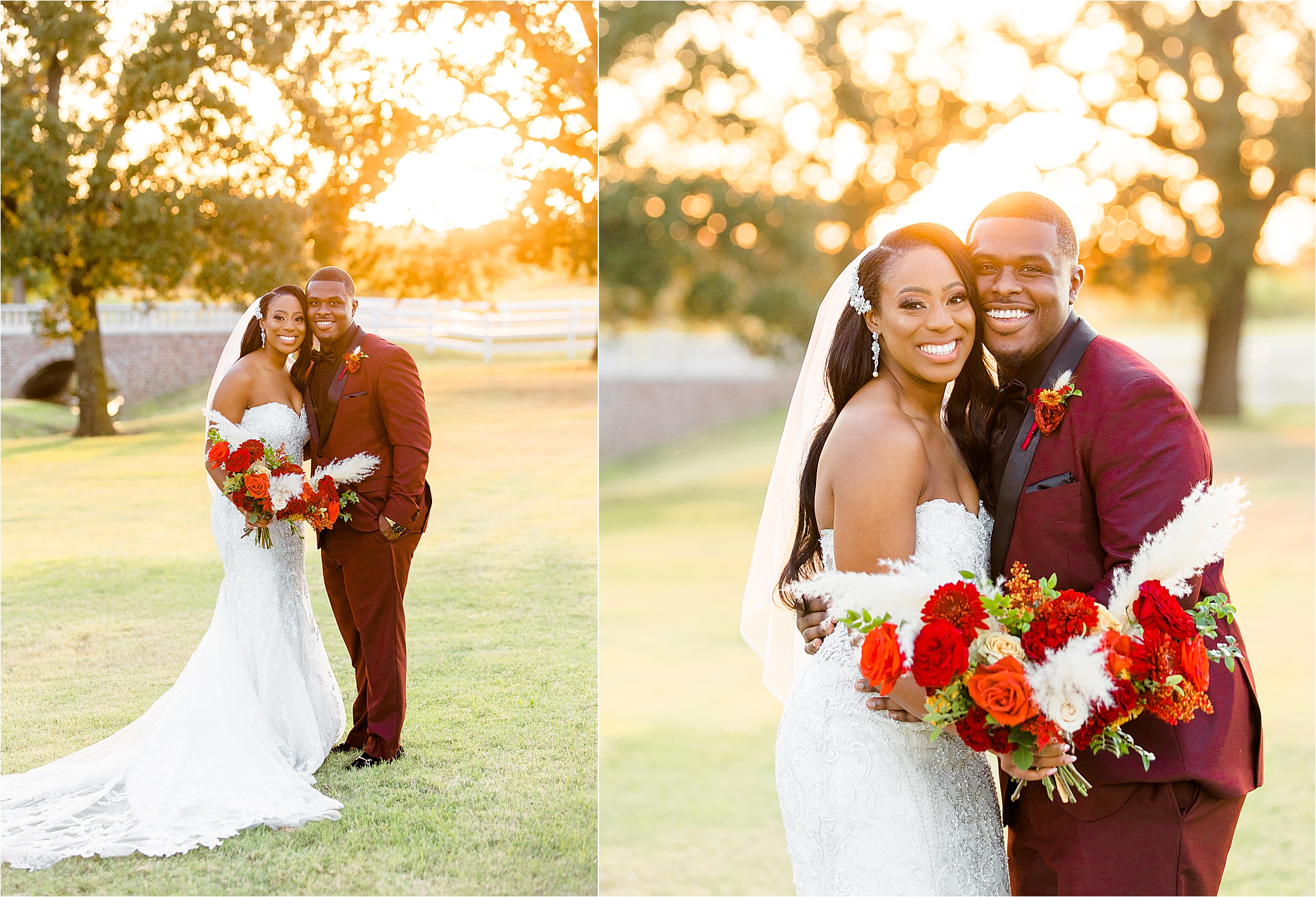 A couple smiles at the camera during their sunset newlywed photos at The Milestone in Boerne, Texas 
