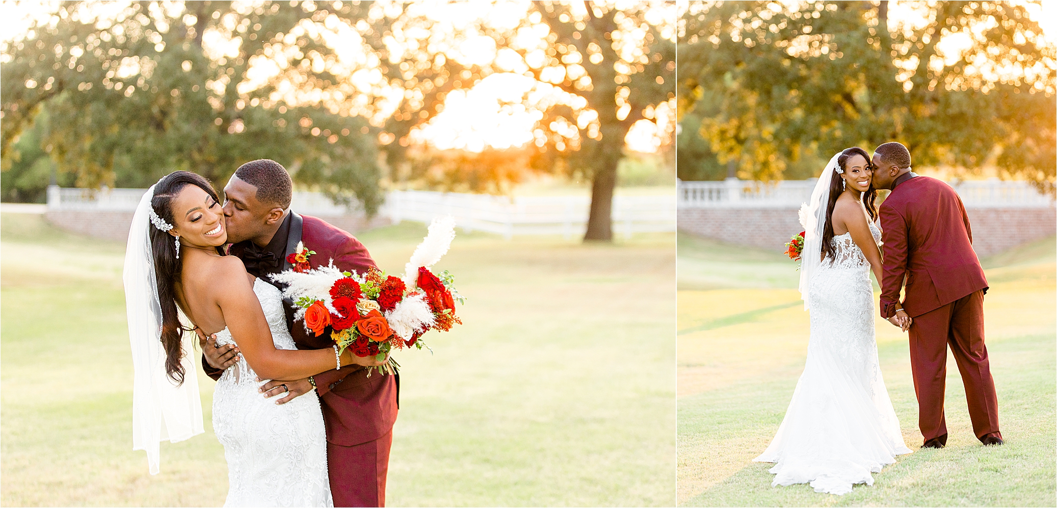 Newlyweds with a red bouquet share kisses in front of the sunset at The Milestone by Boerne Wedding Photographer Jillian Hogan 