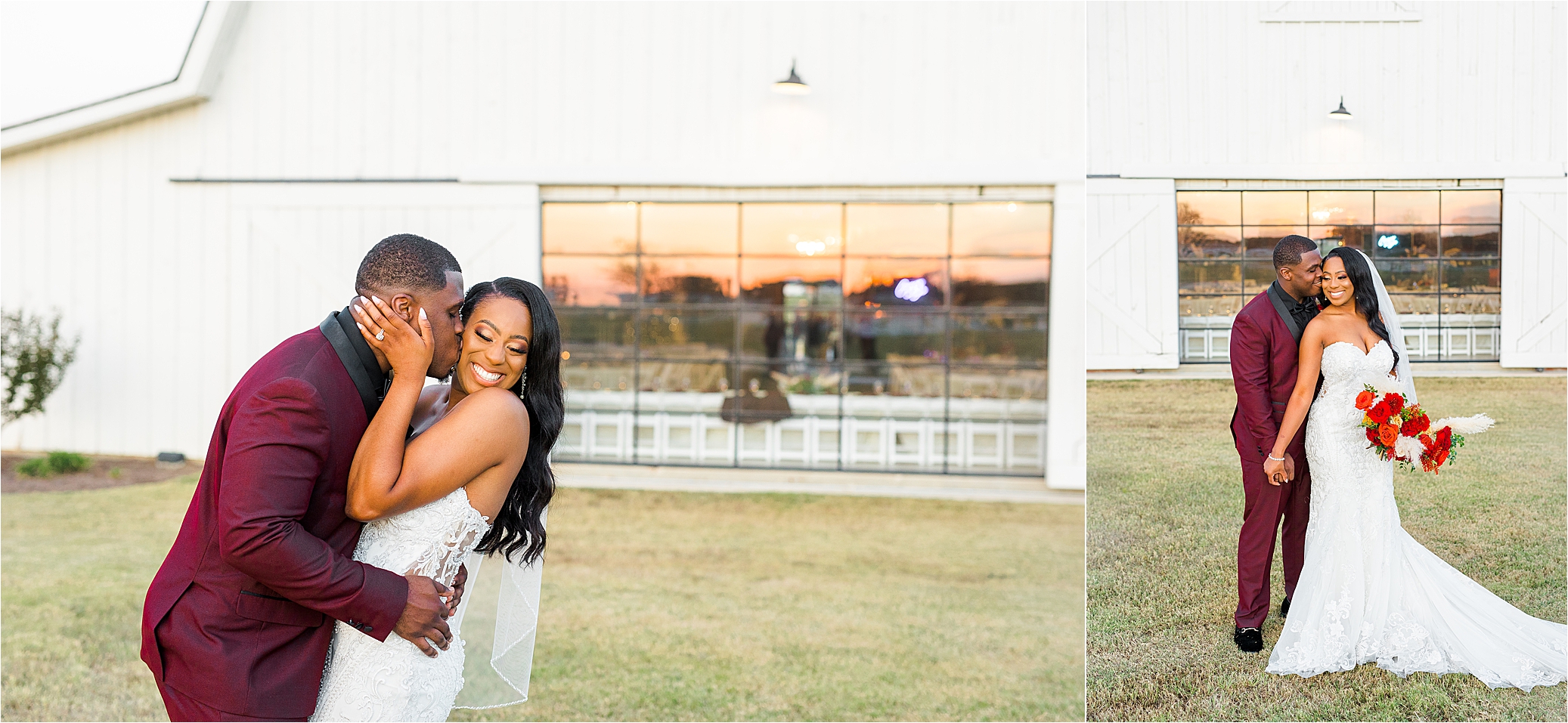 A bride and groom share kisses in front of white barn at The Milestone by Boerne, Texas Photographer Jillian Hogan 