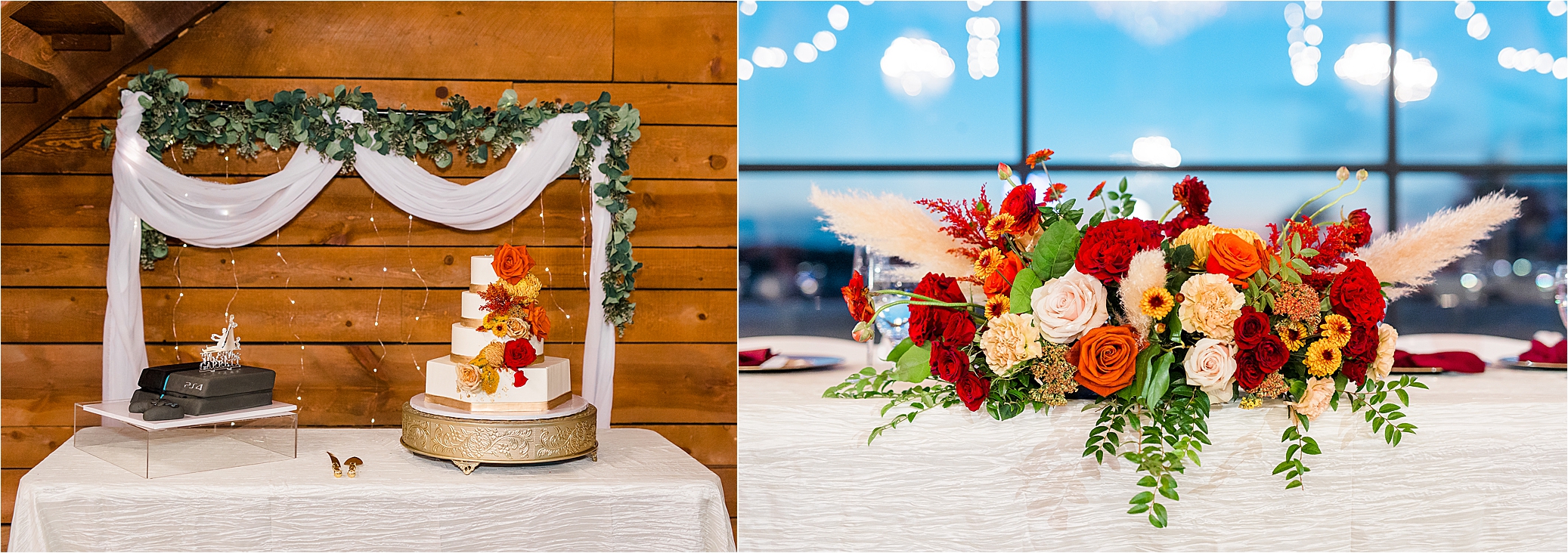 A bride and groom cake and flowers on head table at Morgan Creek Barn in Aubrey, Texas 