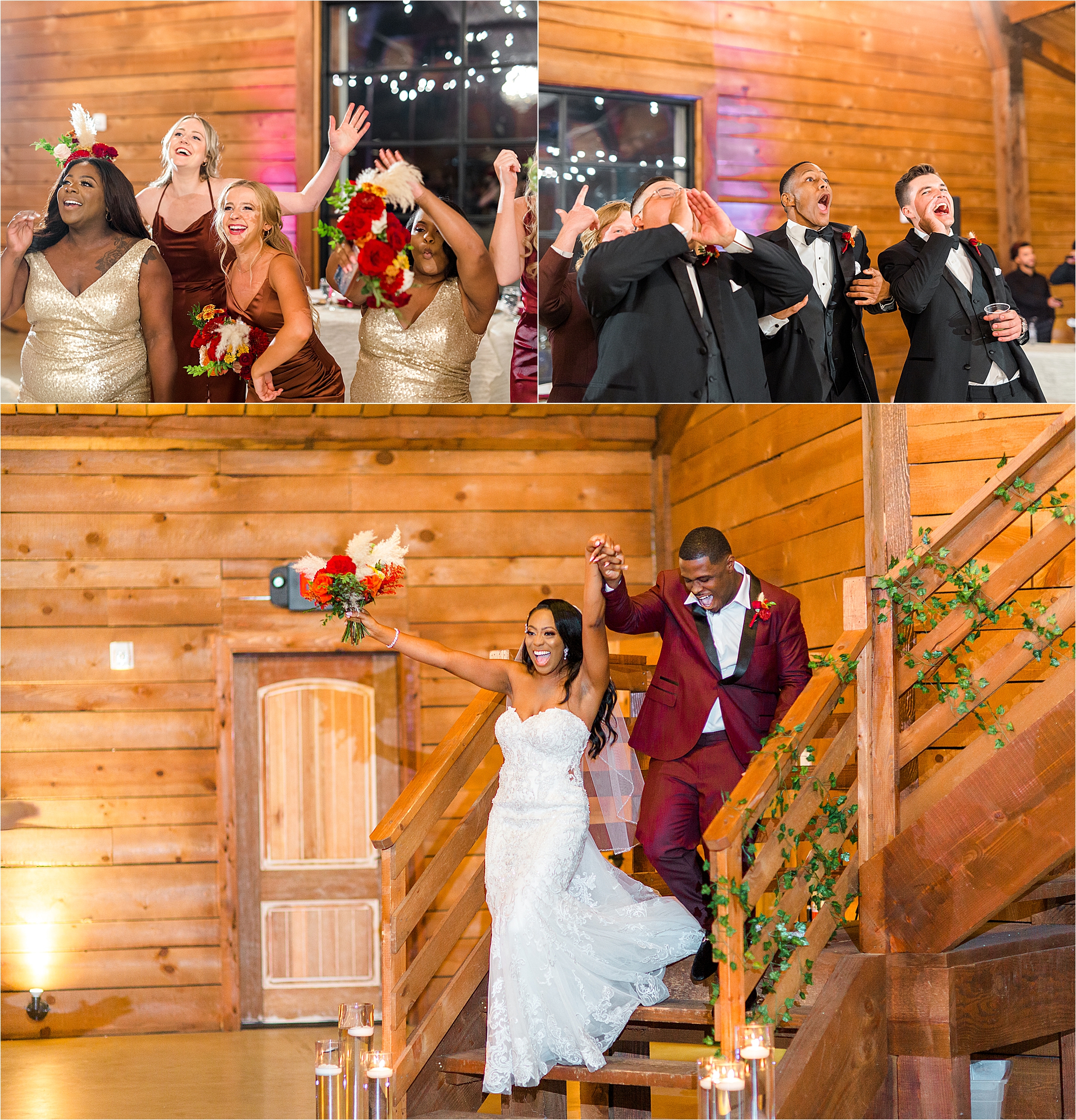 A newlywed couple makes an entrance to their wedding reception as bridal party cheers them on at Morgan Creek Barn 
