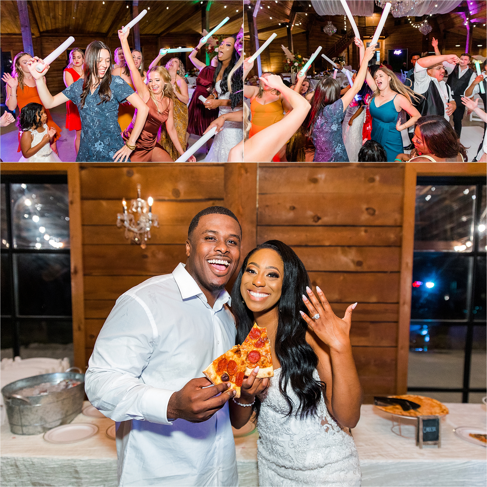 A bride and groom eat pizza and guests dance at their Morgan Creek Wedding Reception 