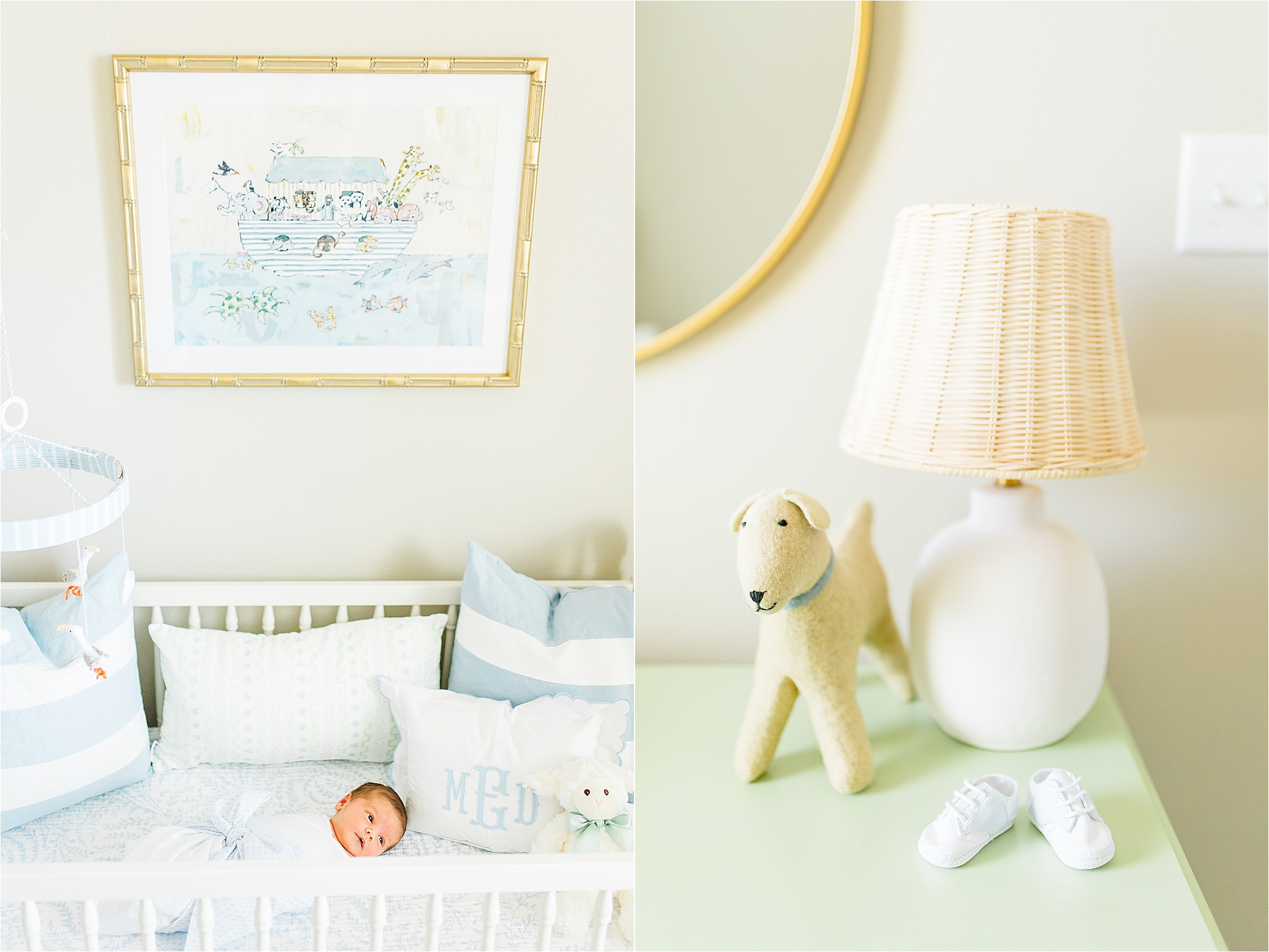 Beautiful Nursery details and Baby Evan in his white crib during a lifestyle newborn session 