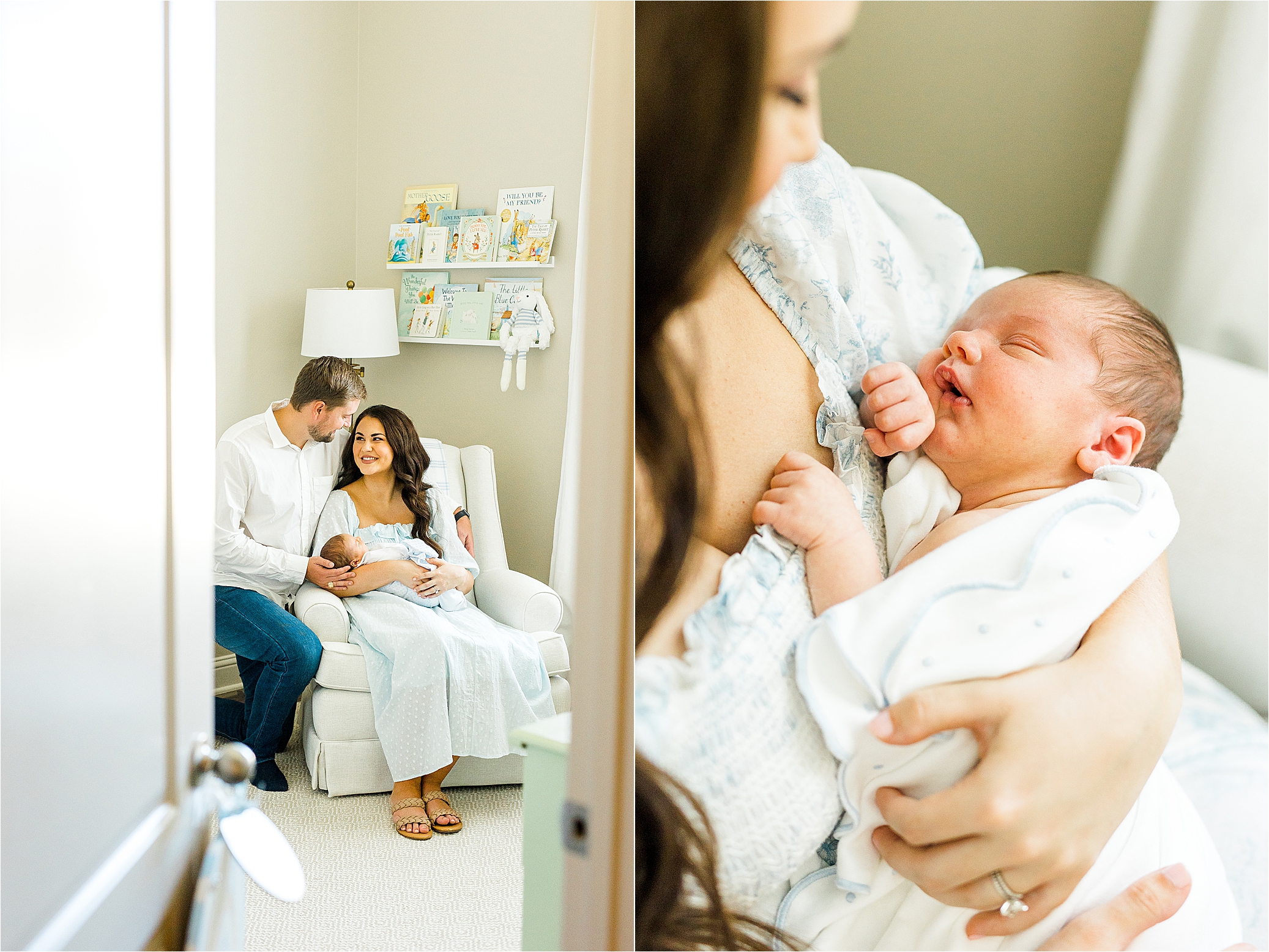 San Antonio Newborn photographer peeks into the nursery as new parents sit and cuddle their newborn baby boy