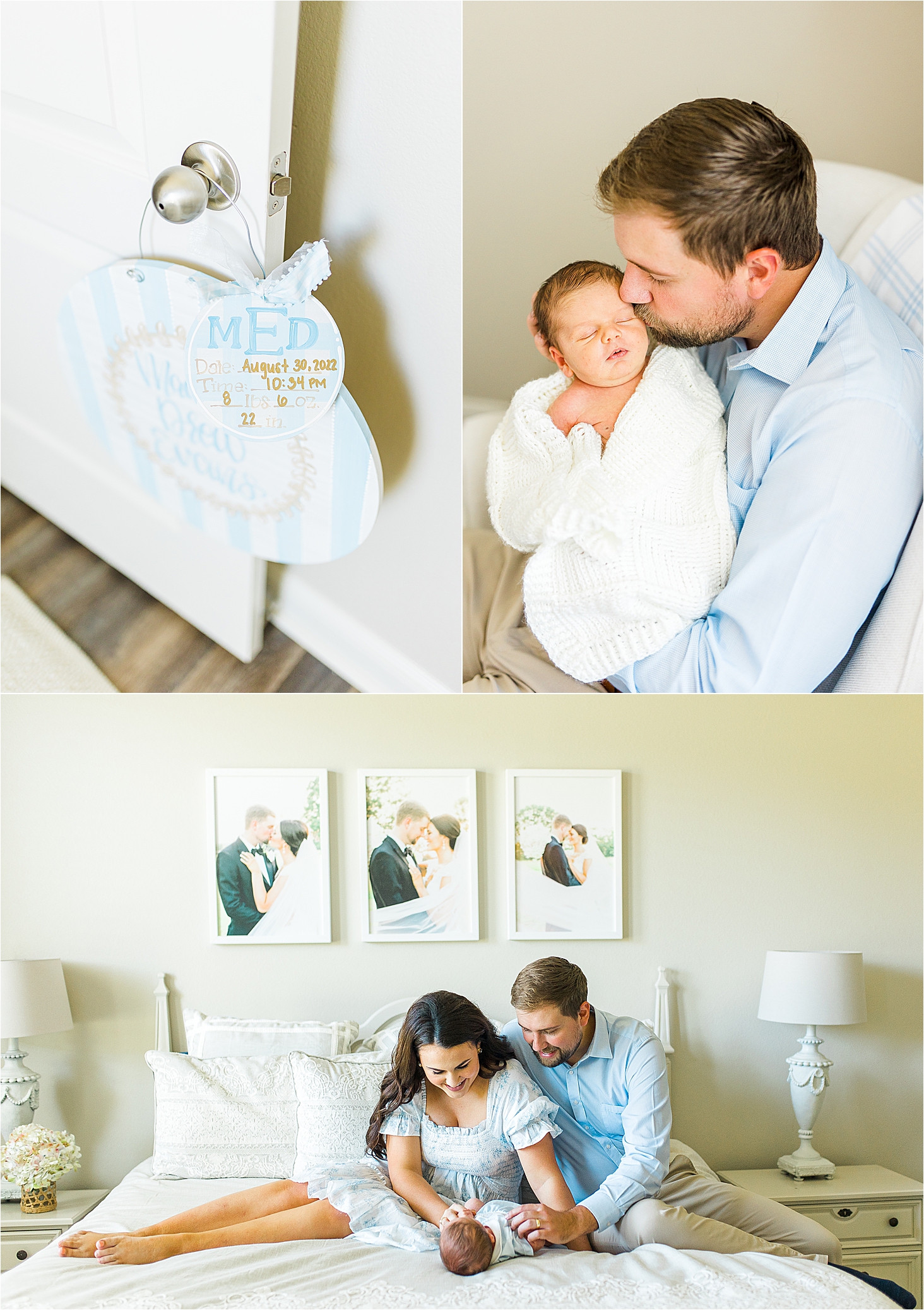 A new mom and dad dote over their newborn baby on their bed for their San Antonio Newborn Photos with Jillian Hogan Photography