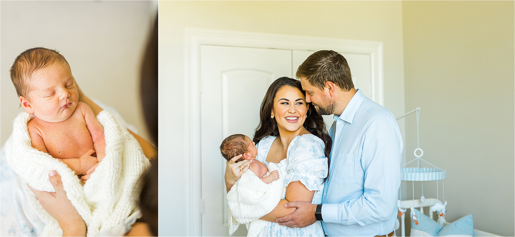 A couple snuggles their newborn baby boy wrapped in a blanket and smiles during their photos with San Antonio Newborn Photographer Jillian Hogan 