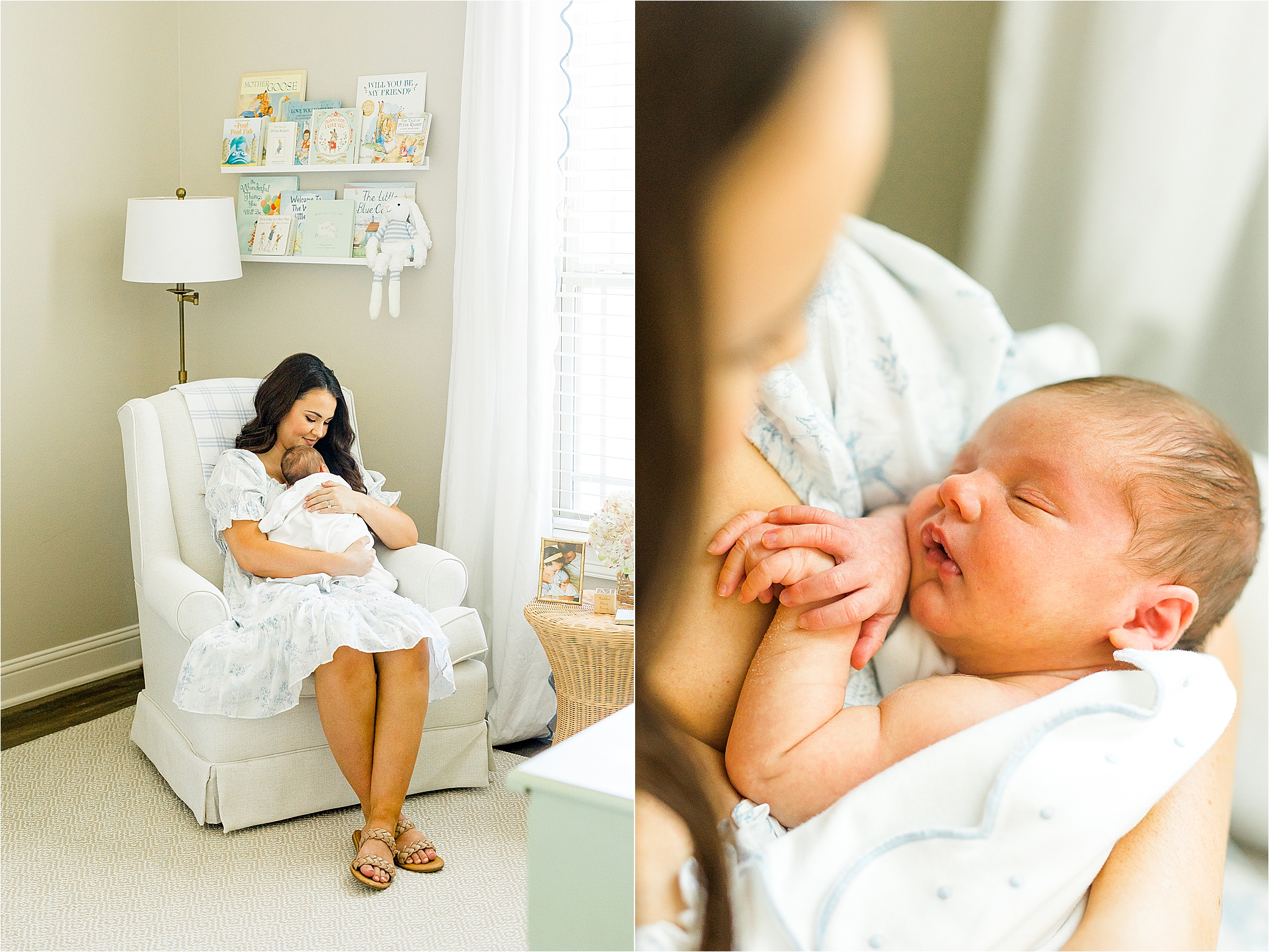 A close up of a newborn baby hands and a mom cuddling her baby boy in his nursery by San Antonio Lifestyle Newborn Photographer Jillian Hogan