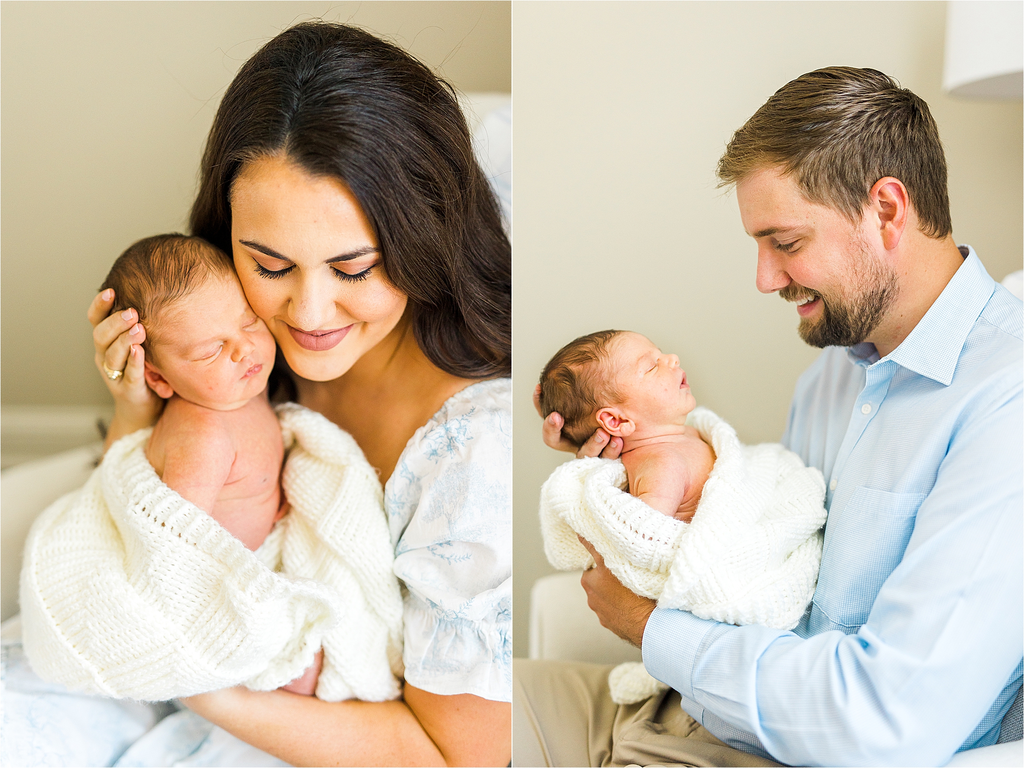 Smiles and cheek to cheek with a couple's newborn baby boy during their lifestyle newborn photos in San Antonio, Texas