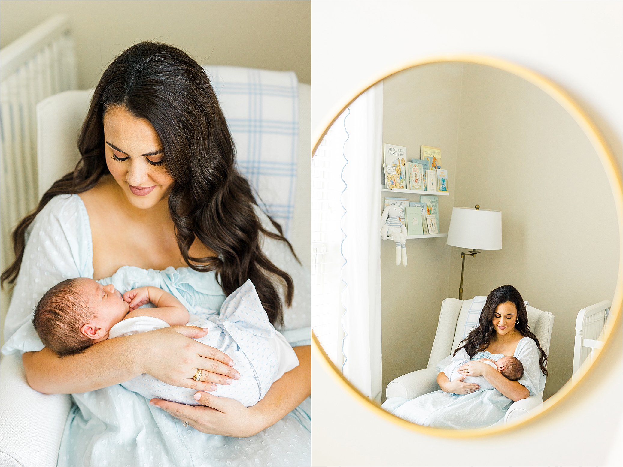 A mom cradles her newborn as we see her reflection in the mirror during her San Antonio Newborn session 
