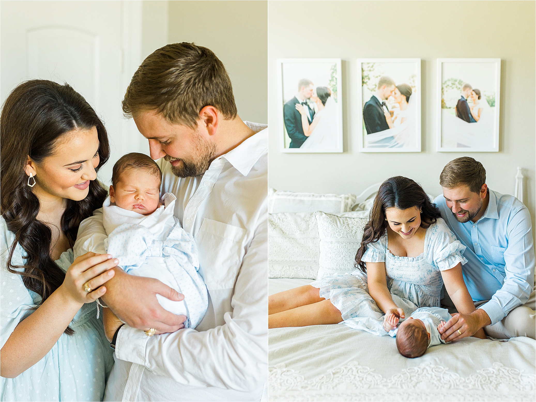 A couple snuggles close and smiles at their newborn baby boy during their first family photo session with San Antonio Newborn Photographer Jillian Hogan 