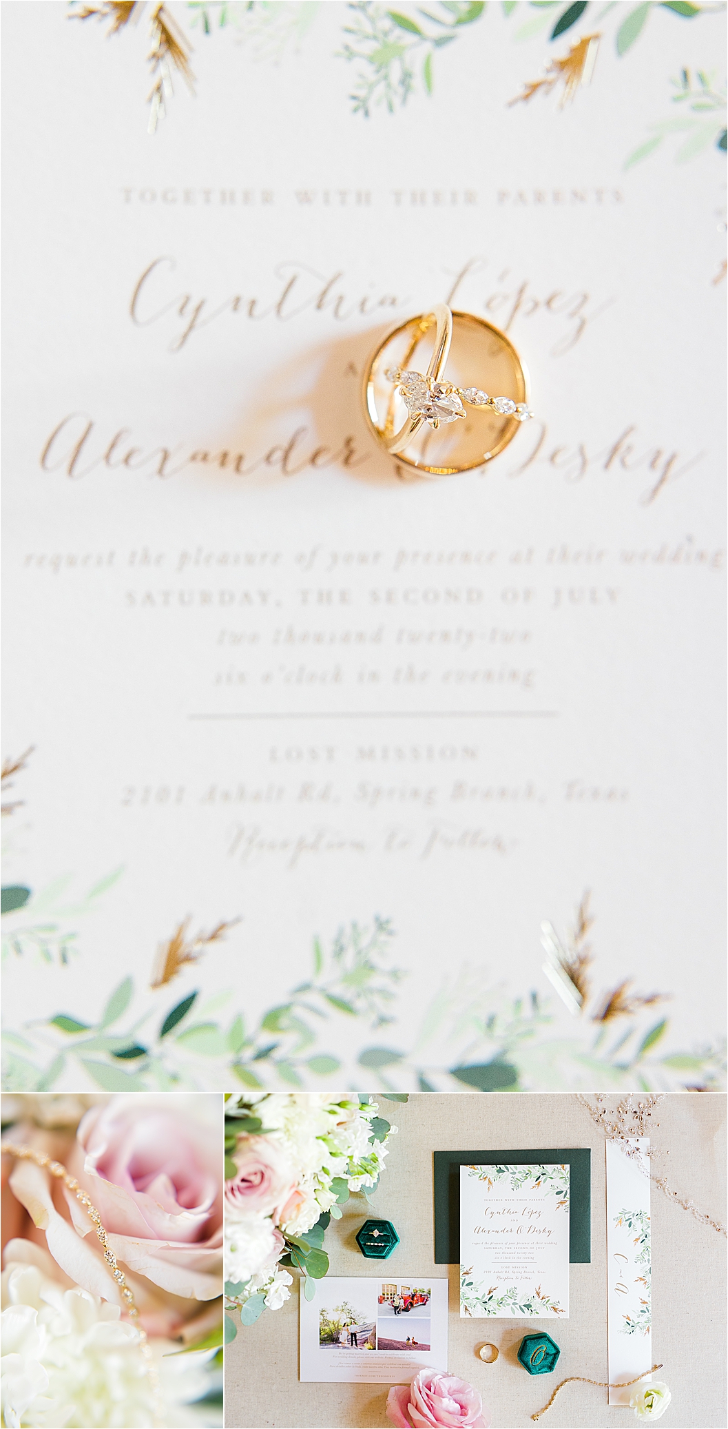 Bridal details arranged in a flat lay for a Lost Mission Wedding near San Antonio, Texas