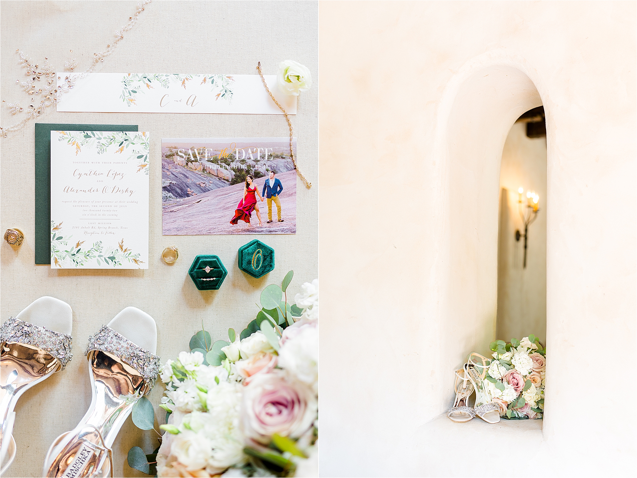 Shoes and a bouquet in a pretty arch inside chapel at Lost Mission by San Antonio Wedding Photographer Jillian Hogan 