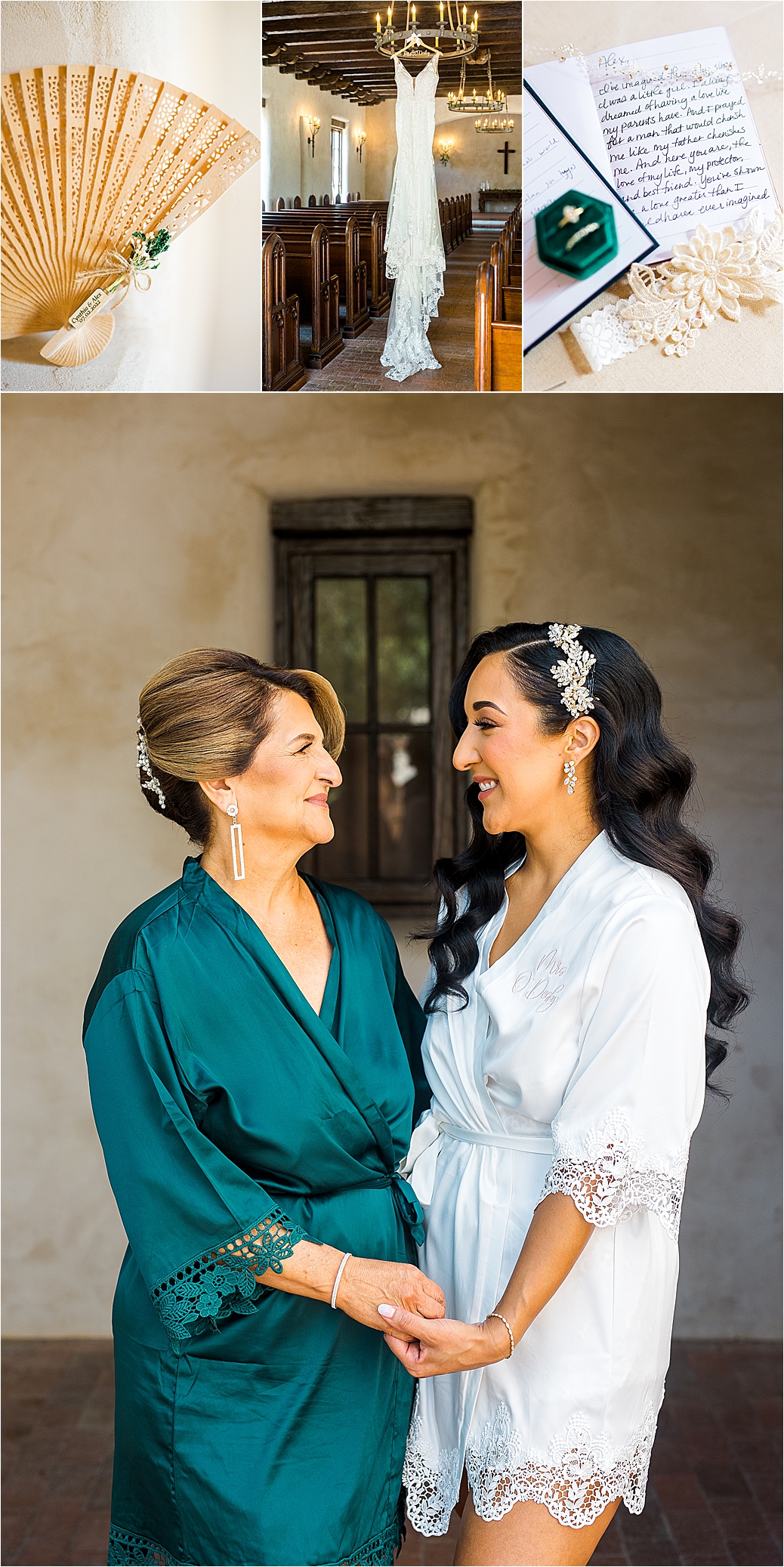 A bride and her mom hold hands and look at each other in wedding day robes at Lost Mission near San Antonio, Texas