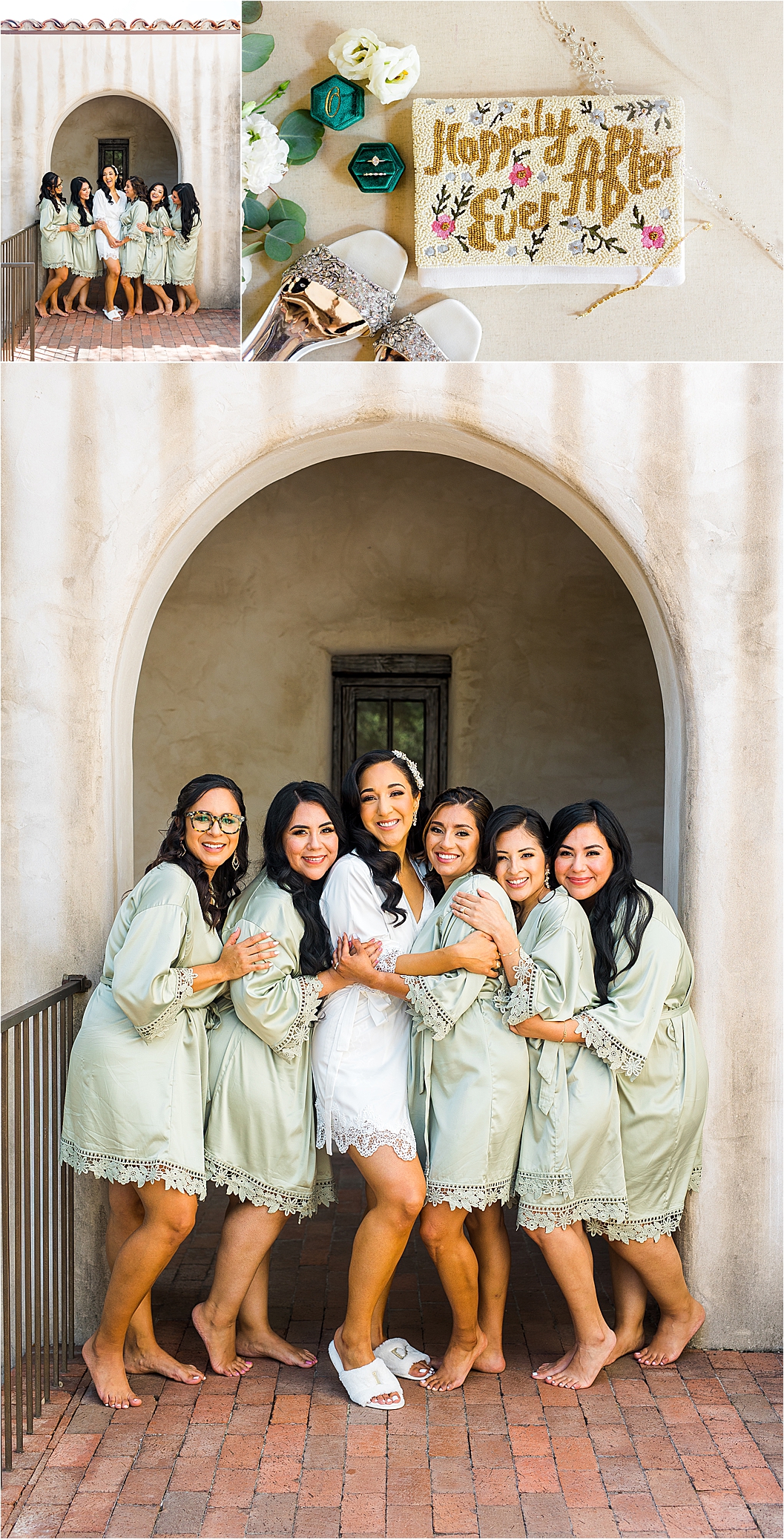 A bride poses with her bridesmaids in their robes under an arch at Lost Mission, a Mission style wedding venue in Texas Hill Country