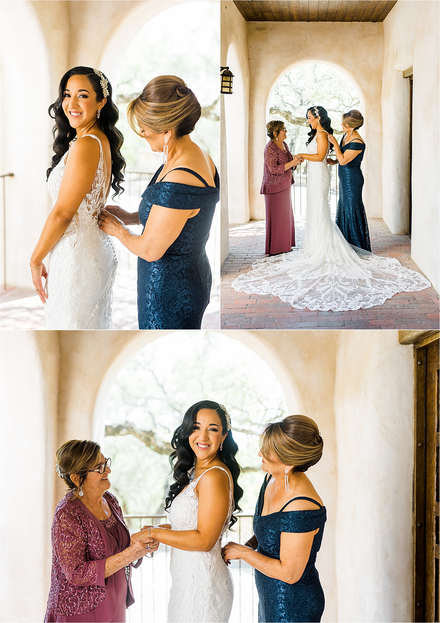 A bride gets ready with her mom and grandmother at Lost Mission on her wedding day with Hill Country Wedding Photographer Jillian Hogan 