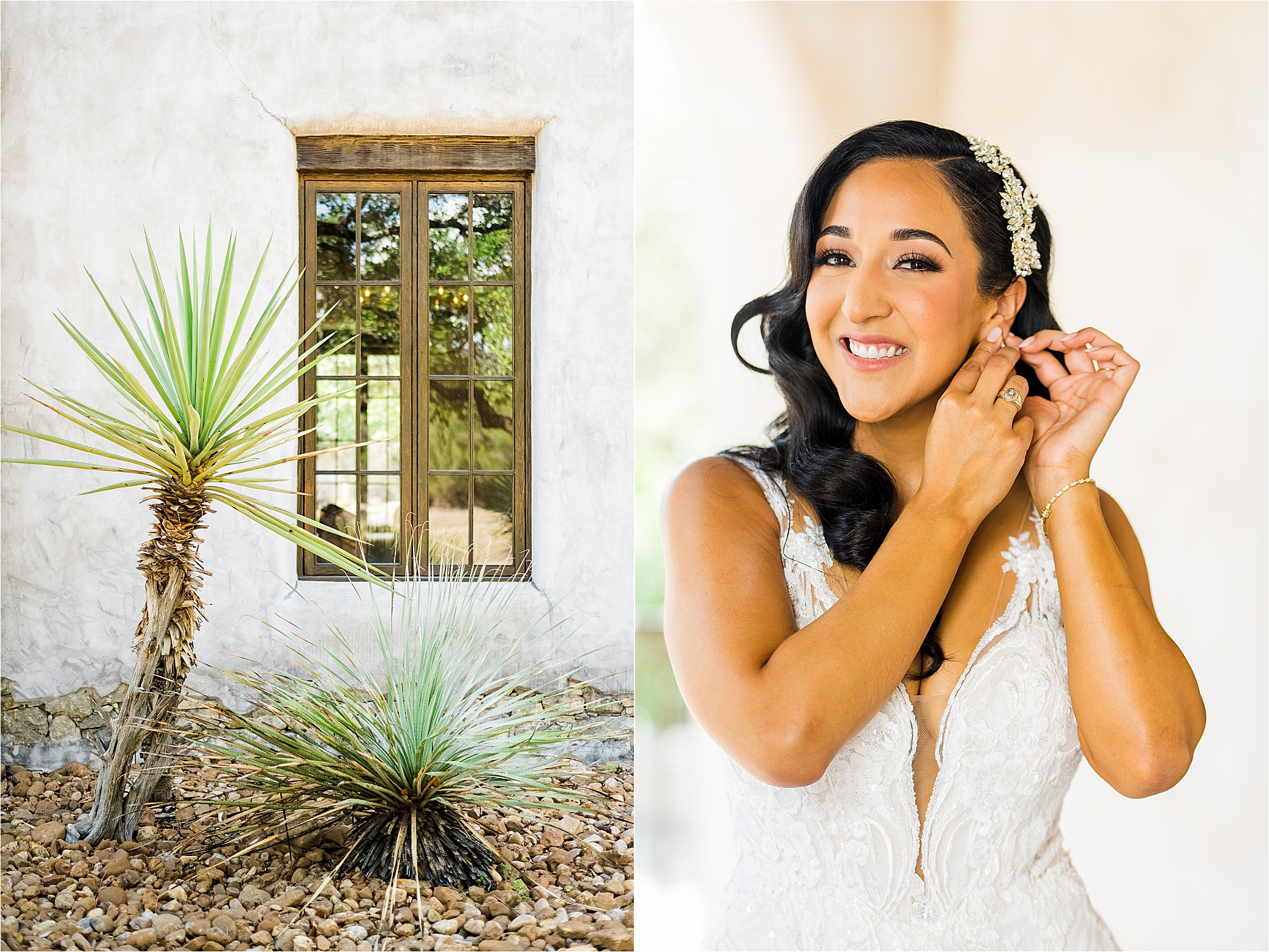 A bride smiles and puts on her earrings on her wedding day at Lost Mission in the Texas Hill Country 