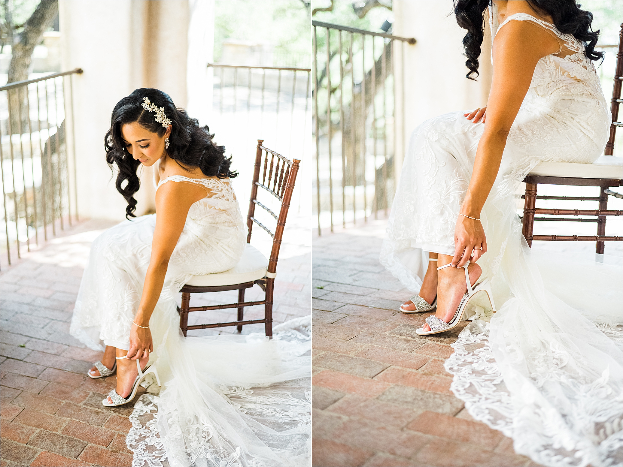A bride puts on her shoes on her Lost Mission Wedding day