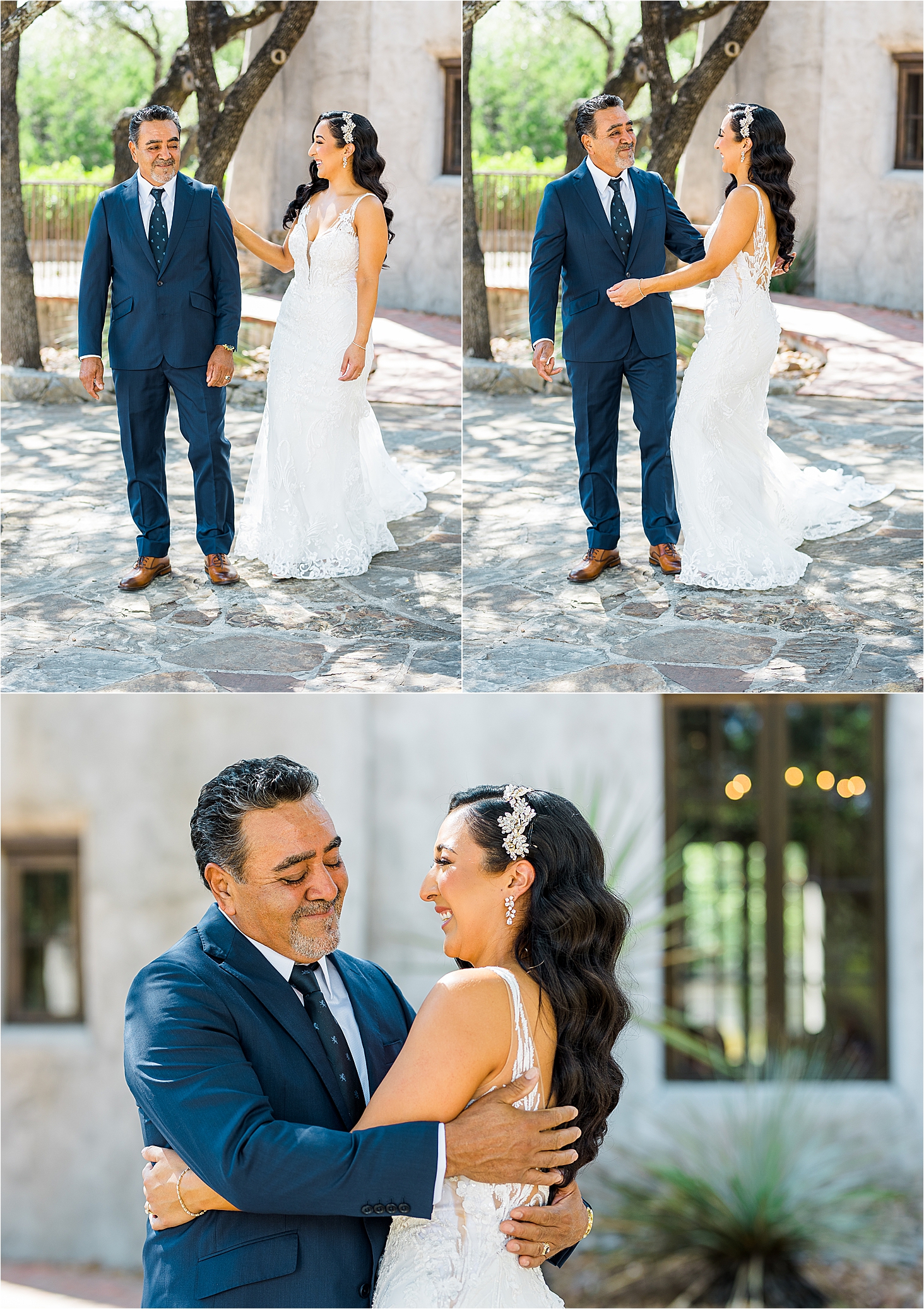 A bride and her dad share an emotional first look on her Lost Mission Wedding day 