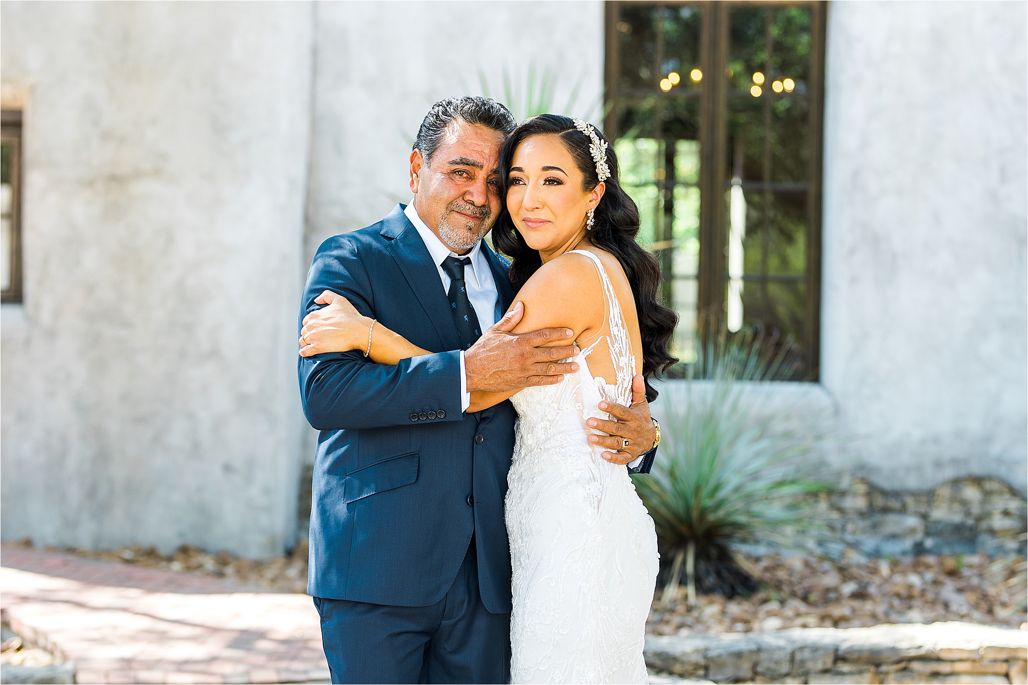 A bride and her father after a first look at Lost Mission by Hill Country Wedding Photographer Jillian Hogan 
