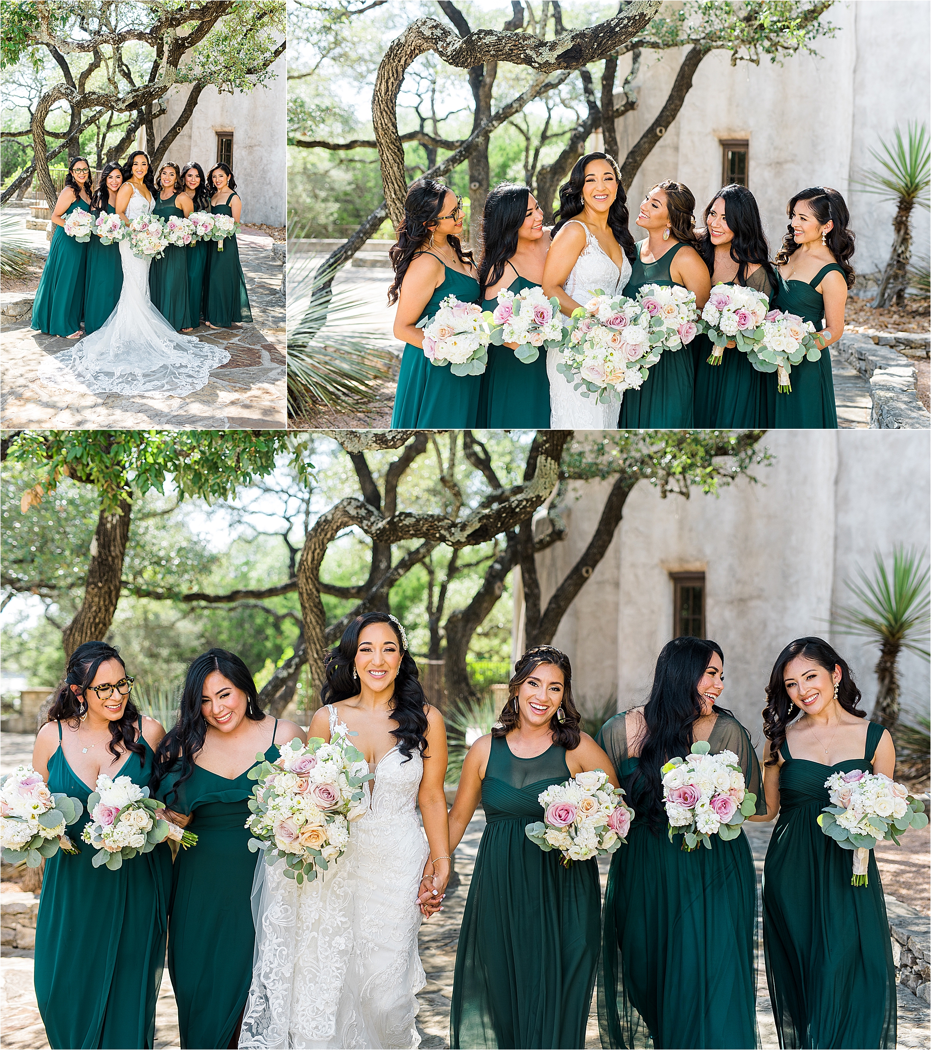 A bride poses with her bridesmaids on her Lost Mission Wedding day
