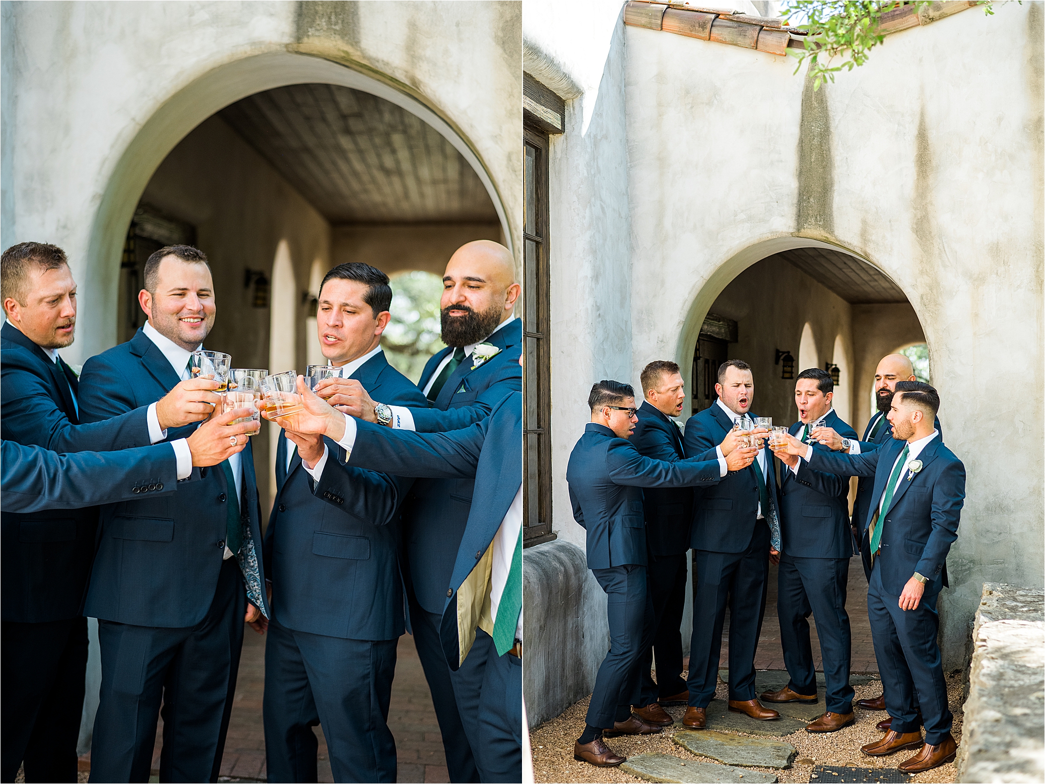 A groom and his groomsmen share a toast on a lost mission wedding day in Texas Hill Country