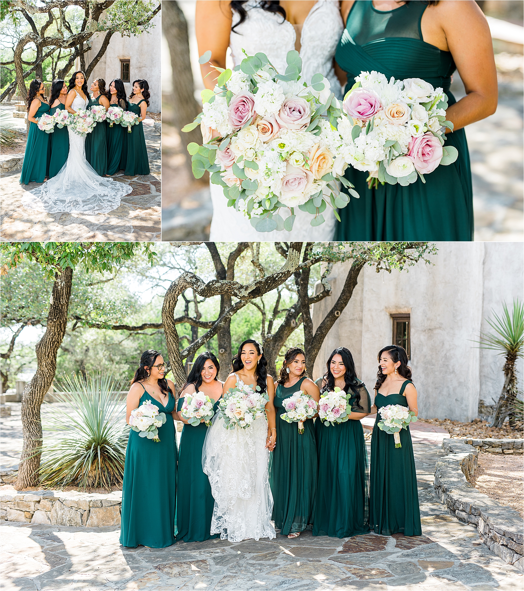 A close up bouquets by Evember Floral and a bride and her bridesmaids laughing at Lost Mission