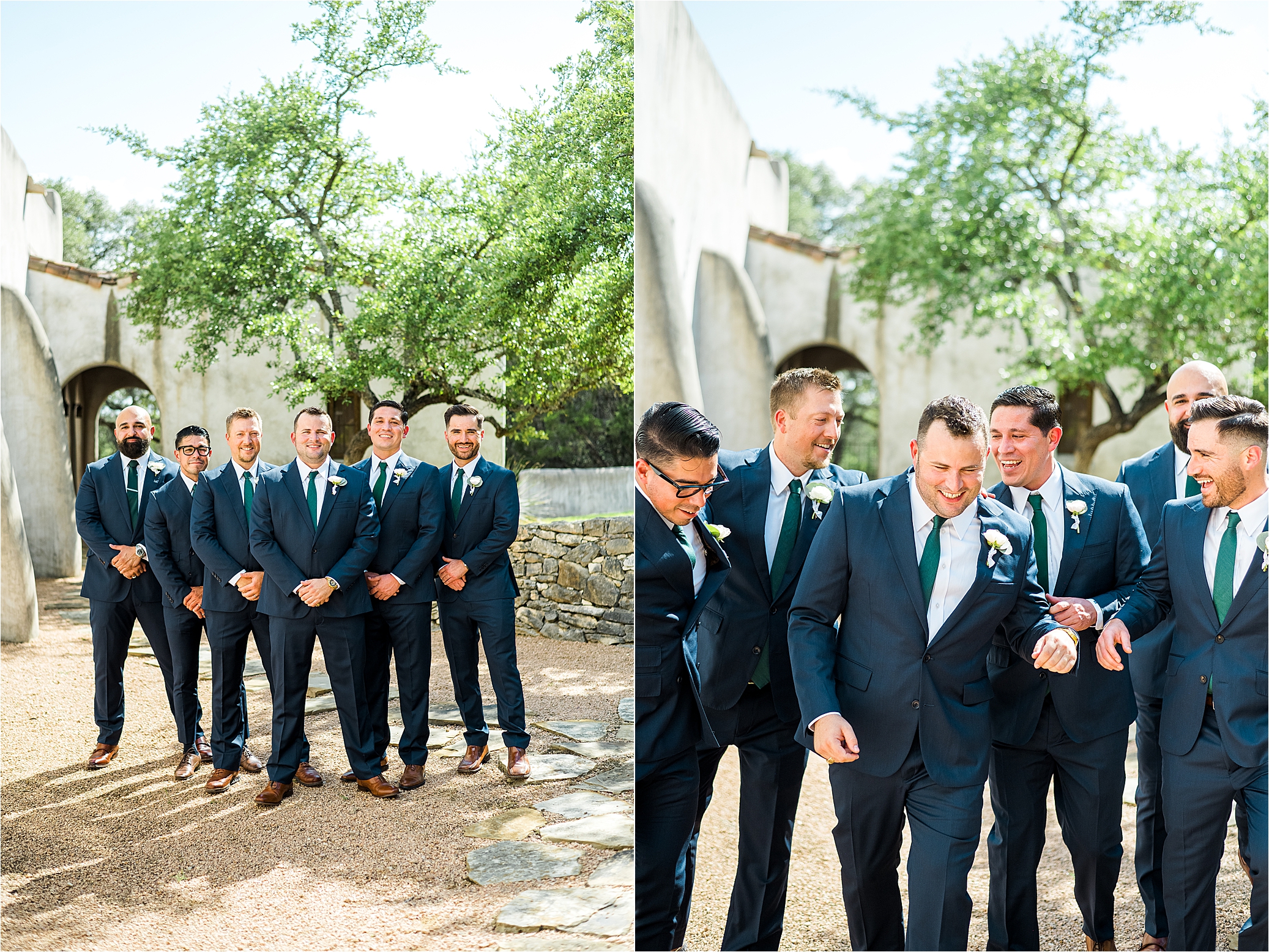 A groom and is groomsmen mess with each other and laugh during portraits on wedding day at Lost Mission