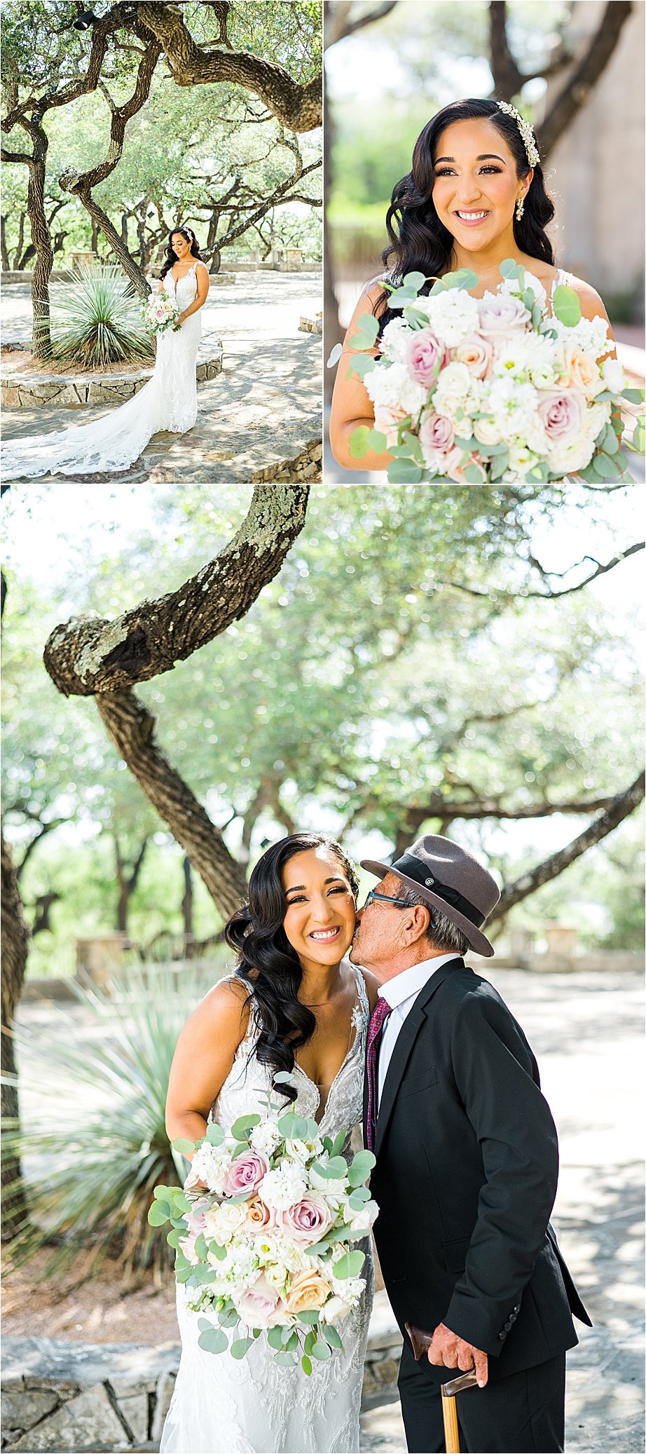 A bride gets a kiss from her grandfather outside chapel at Lost Mission in The Texas Hill Country