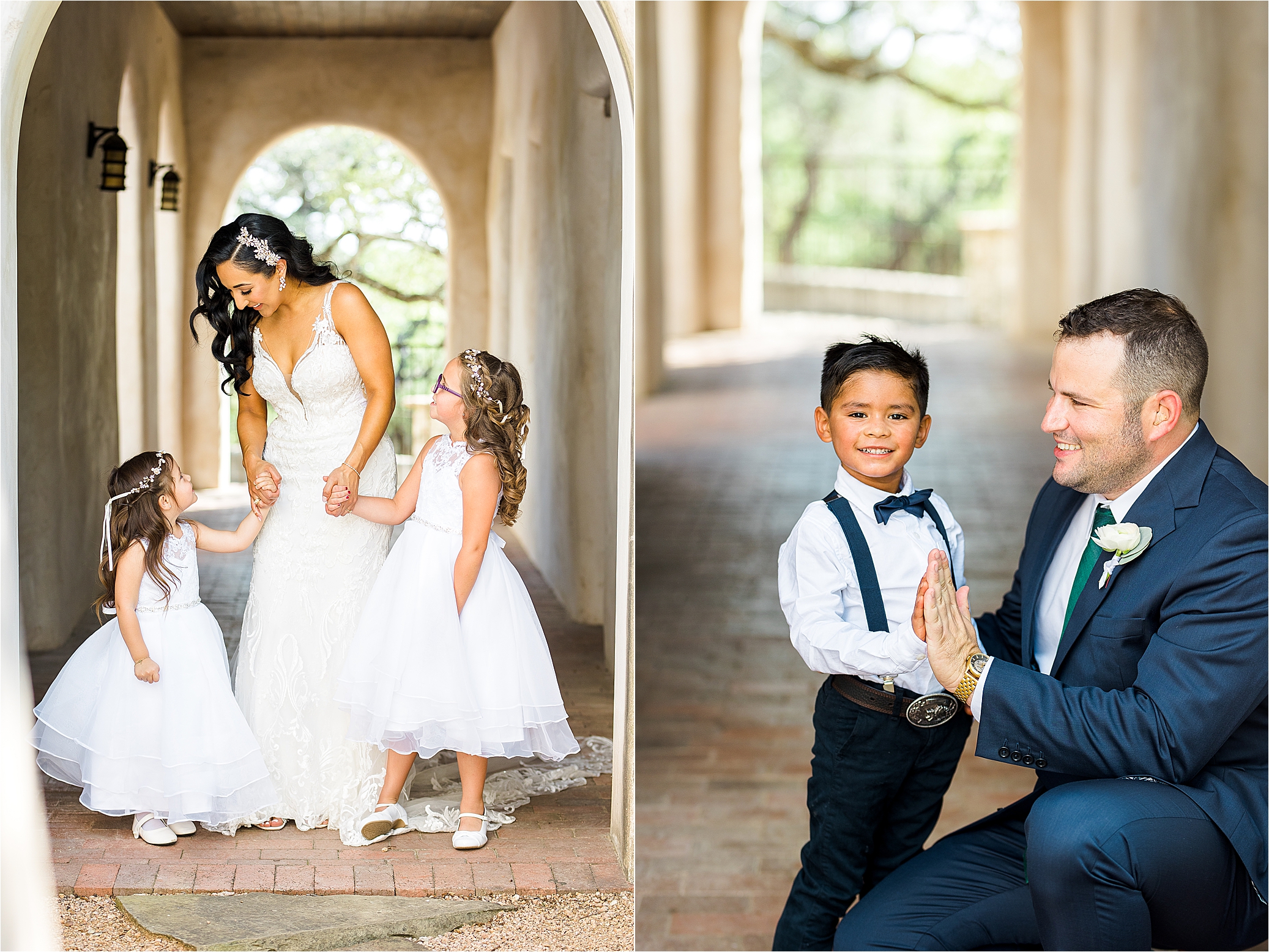 A groom high fives his ring bearer at Lost Mission, A mission-style wedding venue near San Antonio, Texas