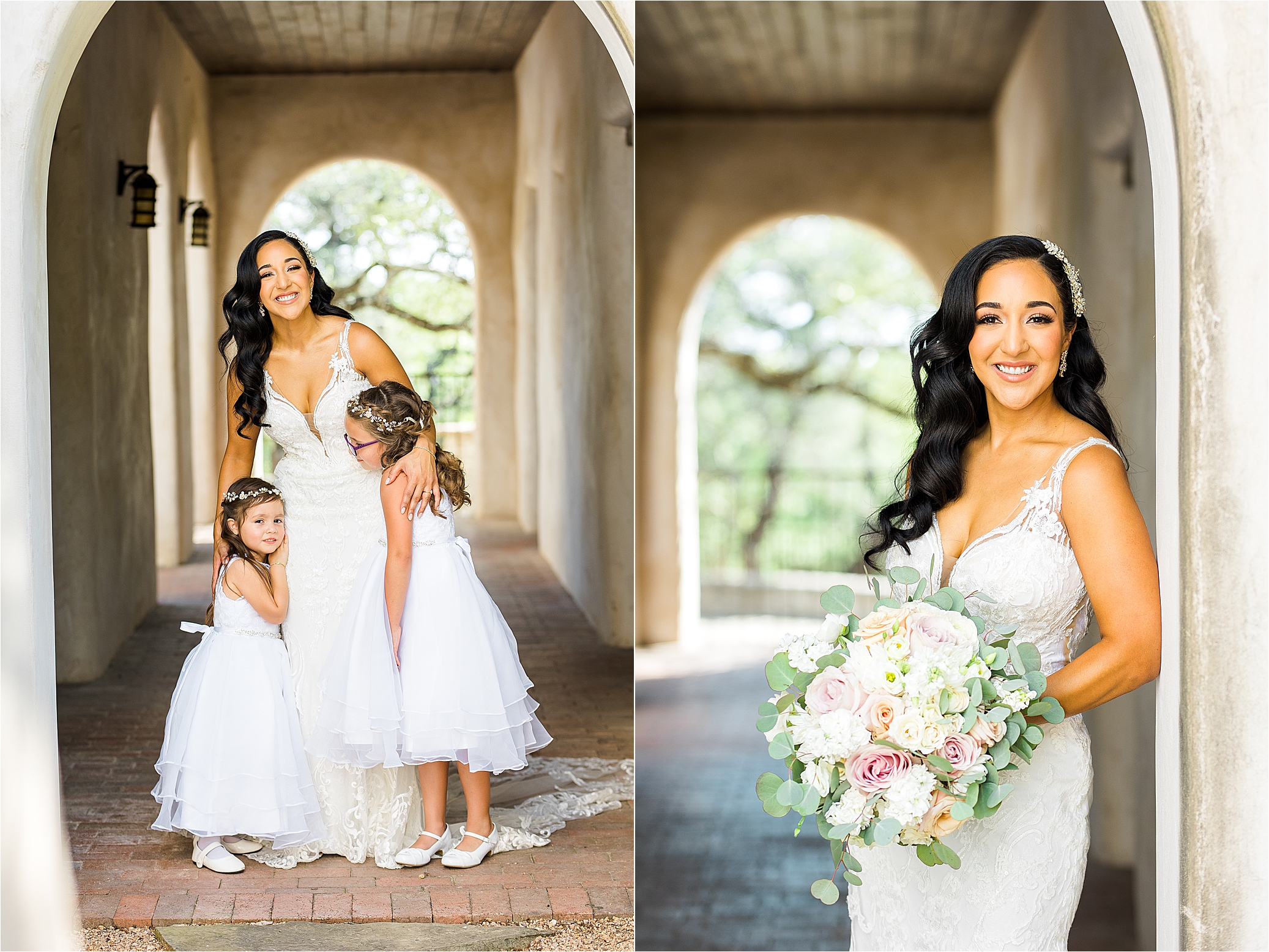 A bride hugs her flower girls before walking down the aisle at Lost Mission in The Texas Hill Country 