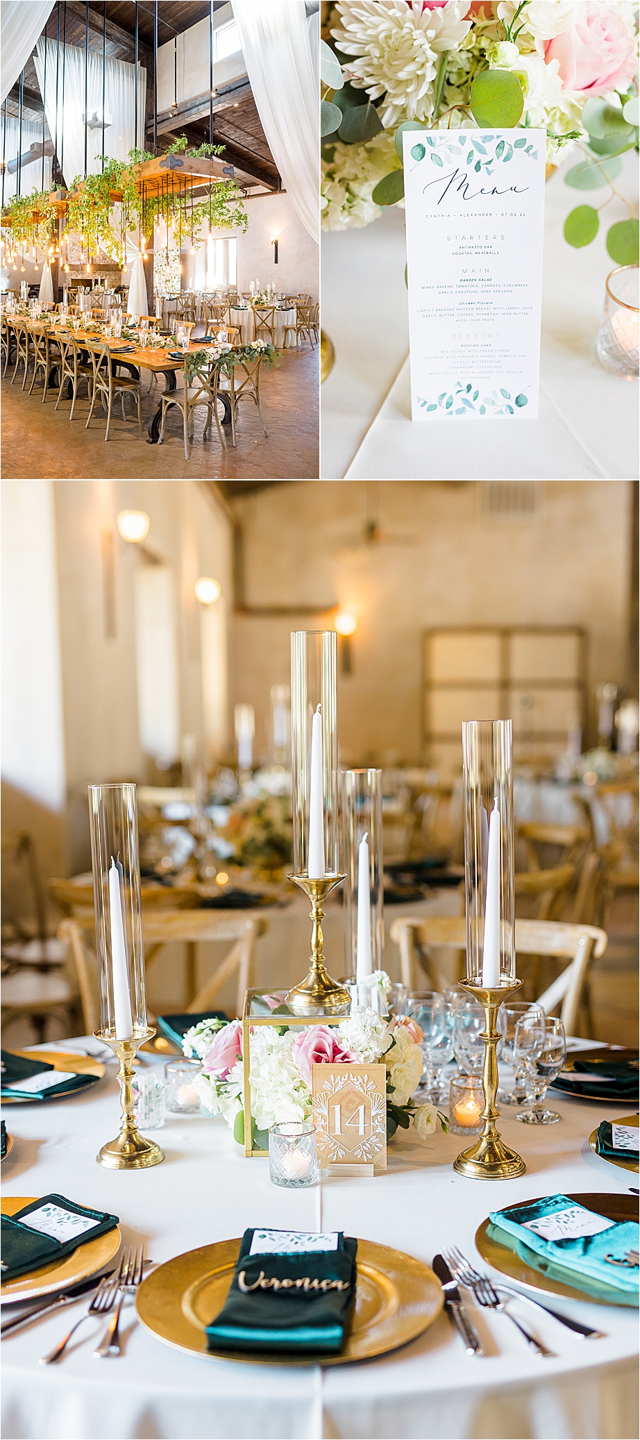 Edison bulbs, beautifully decorated table and ready for guests to enter on a wedding day at Lost Mission near San Antonio, Texas 