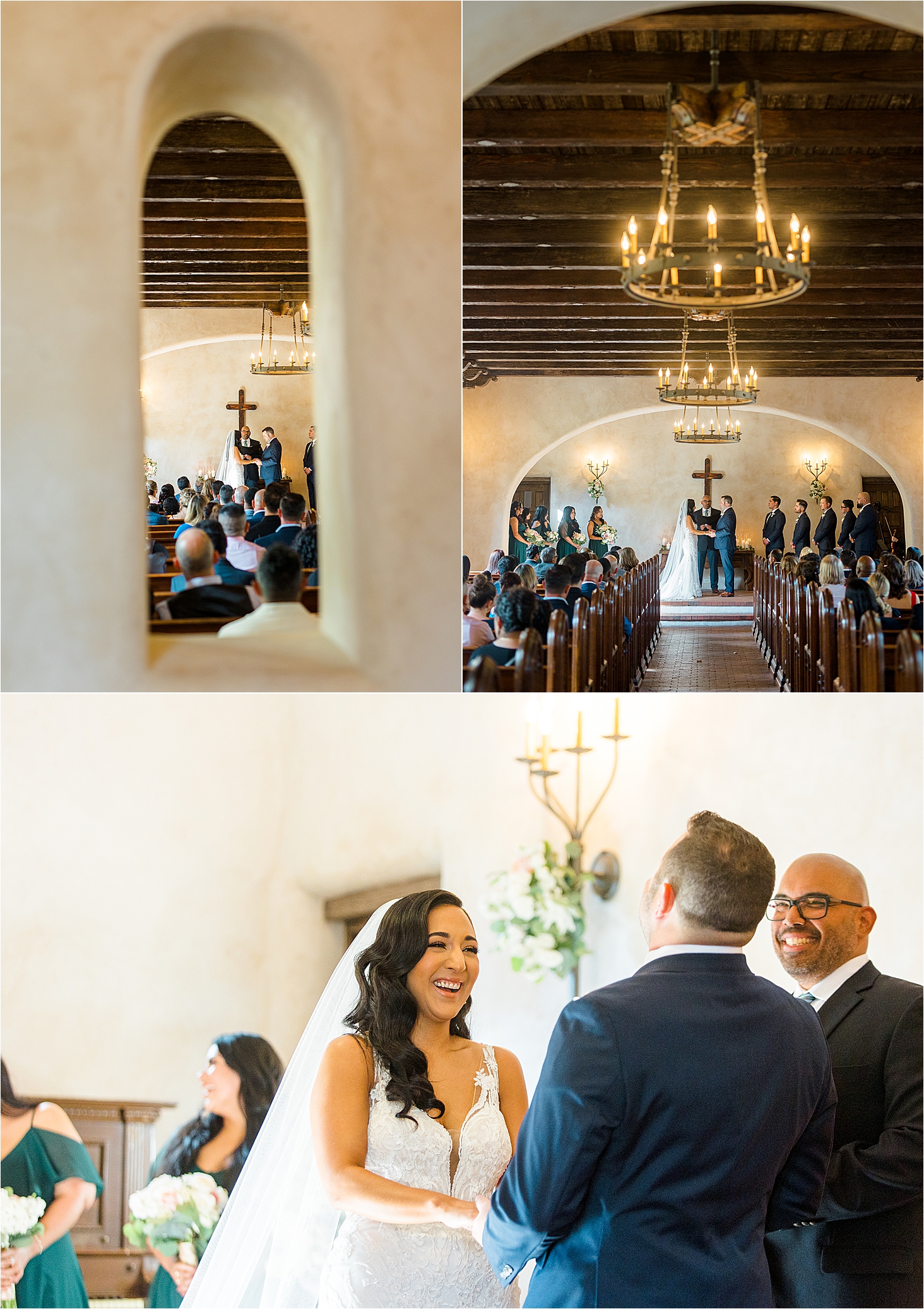 A peek of the wedding ceremony through a cut out in the chapel at Lost Mission, A mission-style venue near San Antonio, Texas 