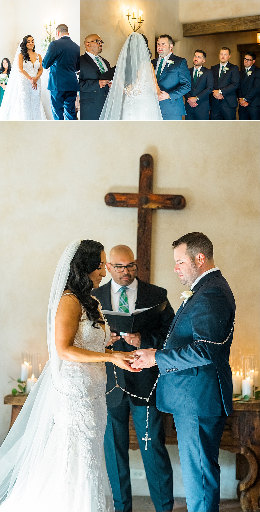 A bride and groom exchange vows in the the chapel at Lost Mission on their Texas Hill Country Wedding Day 