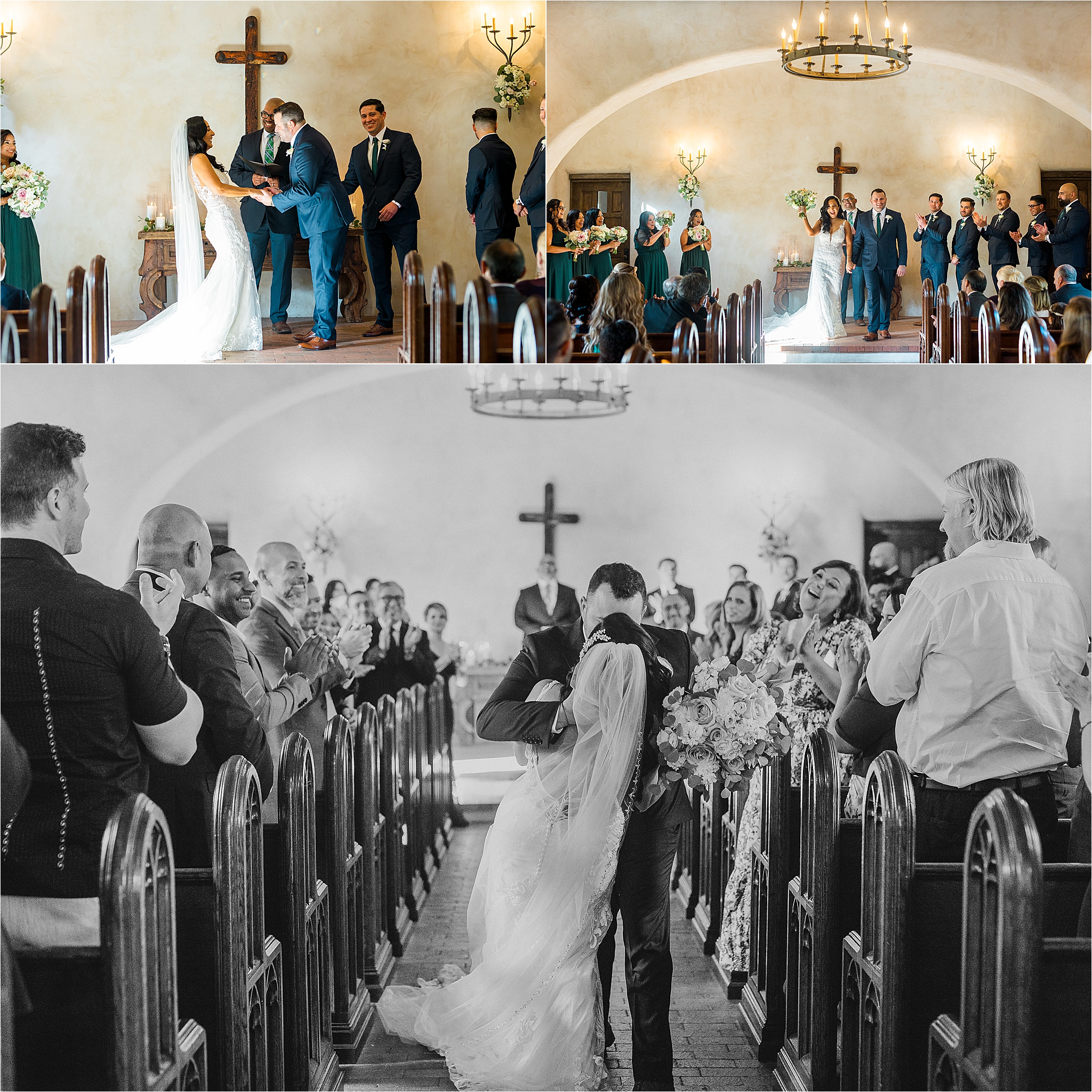 A bride and groom kiss down the aisle on their wedding day at Lost Mission near San Antonio, Texas 