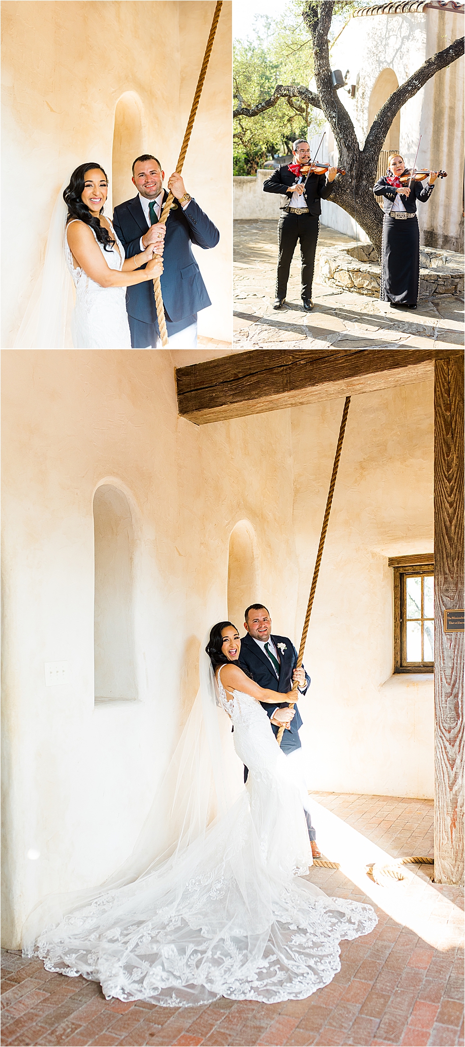 A bride and groom ring the bell to the chapel at Lost Mission in The Texas Hill Country on their wedding day 
