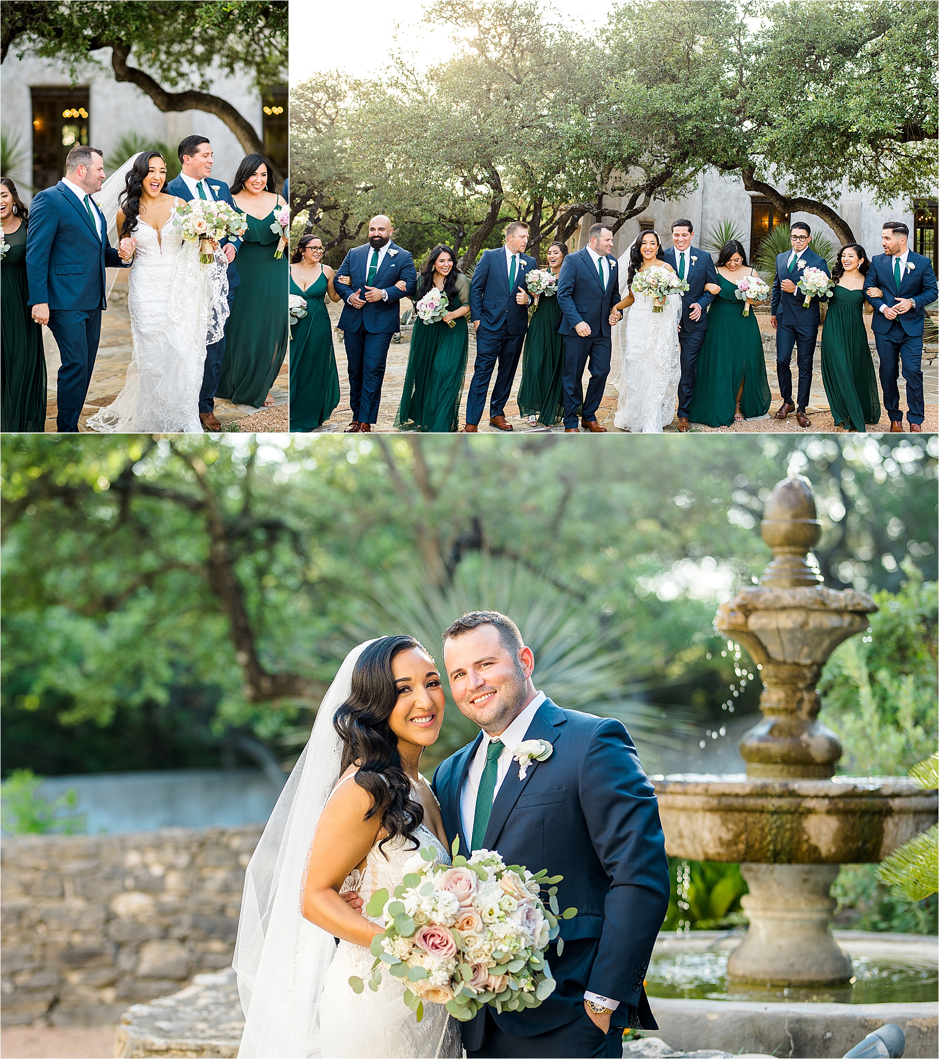 A bride and groom celebrate with their wedding party and pose for newlywed photos in front of a fountain at Lost Mission a wedding venue near San Antonio, Texas 