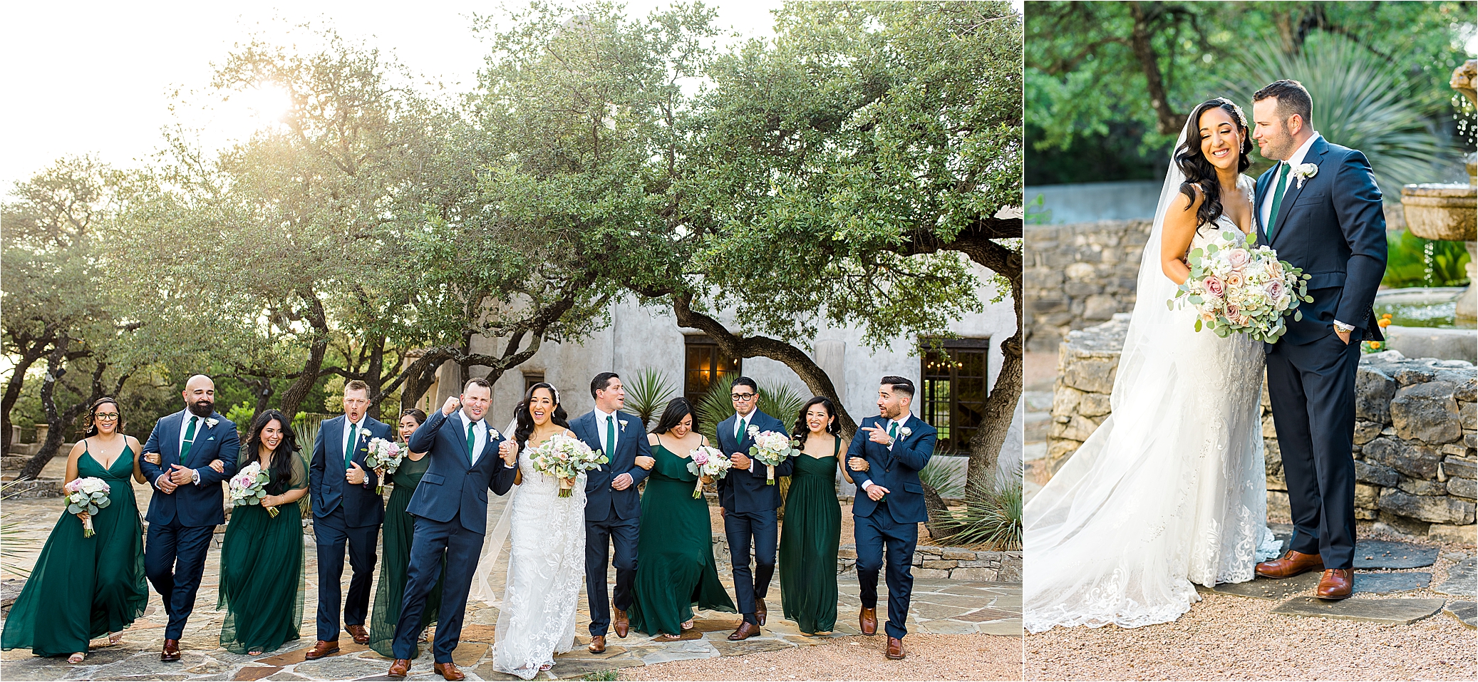 A bride and groom celebrate with their wedding party at Lost Mission, a wedding venue in The Texas Hill Country 