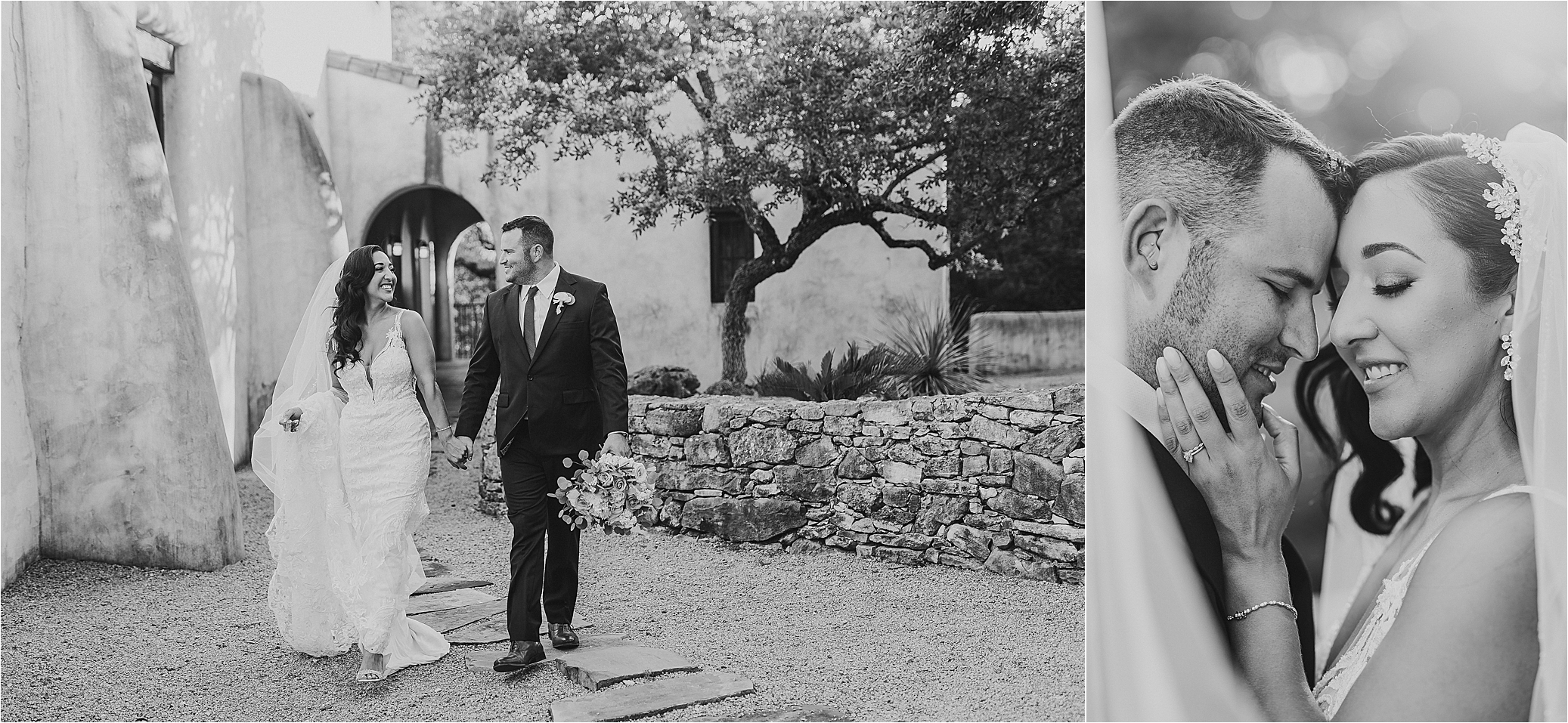 A black and white of newlywed photos of a couple up close and holding hands laughing at Lost Mission 