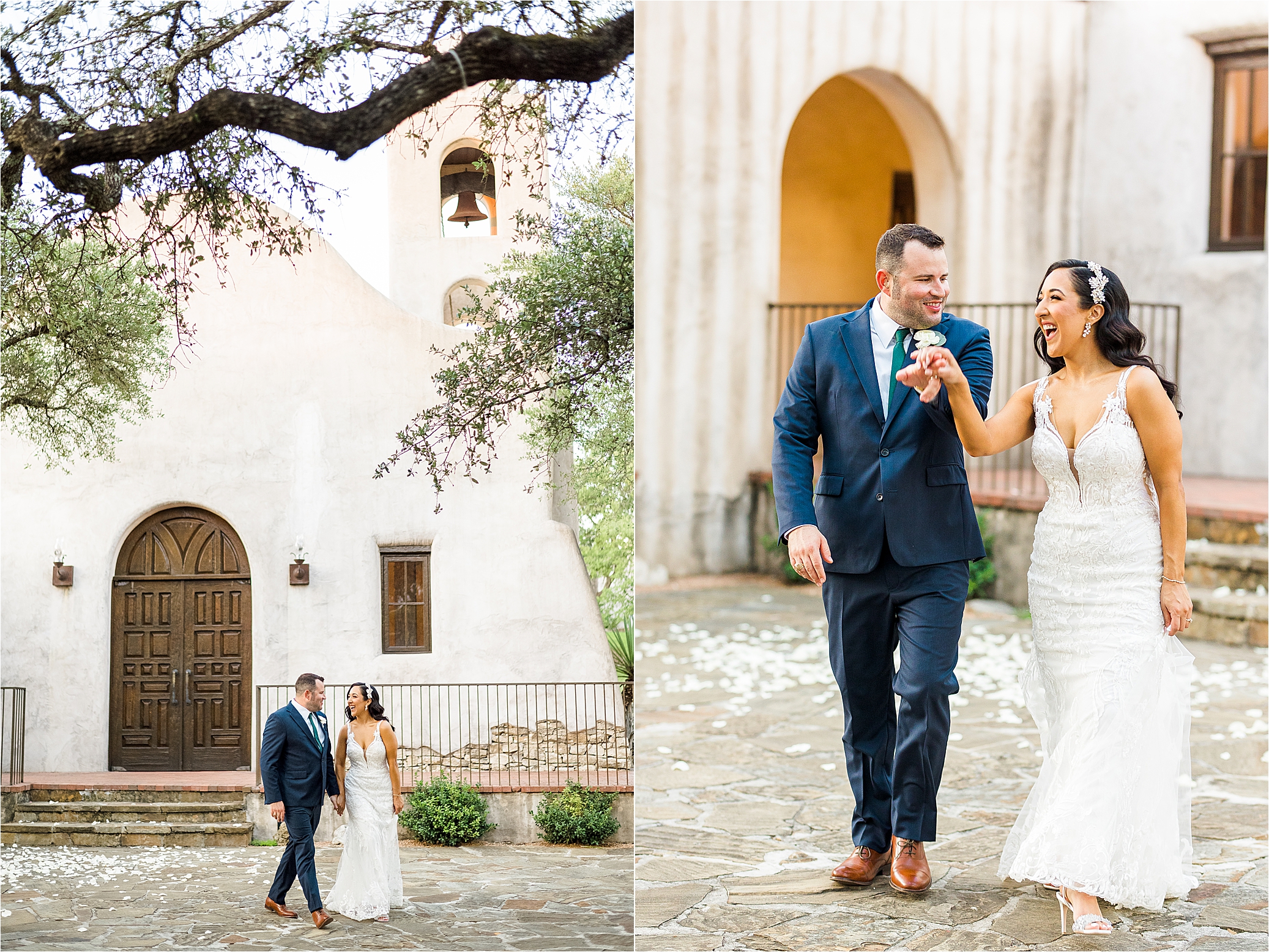 A newlywed couple dances in front of chapel at Lost Mission during wedding day portraits with Texas Hill Country Wedding Photographer Jillian Hogan 