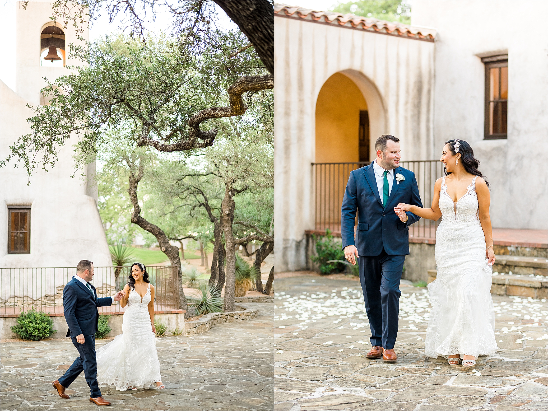 A couple smiles and holds hands during newlywed photos in front of Chapel at Lost Mission near San Antonio, Texas 