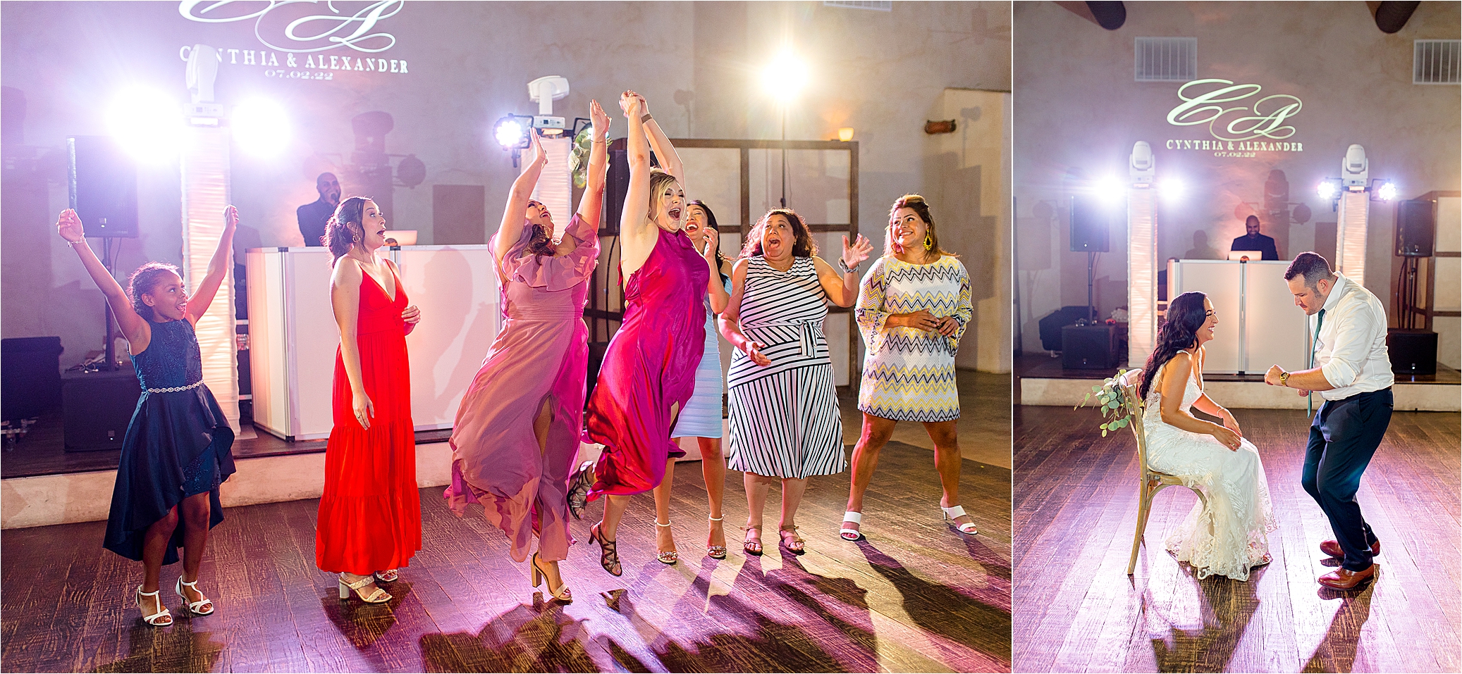 A bouquet toss and garter at Lost Mission Wedding Reception 