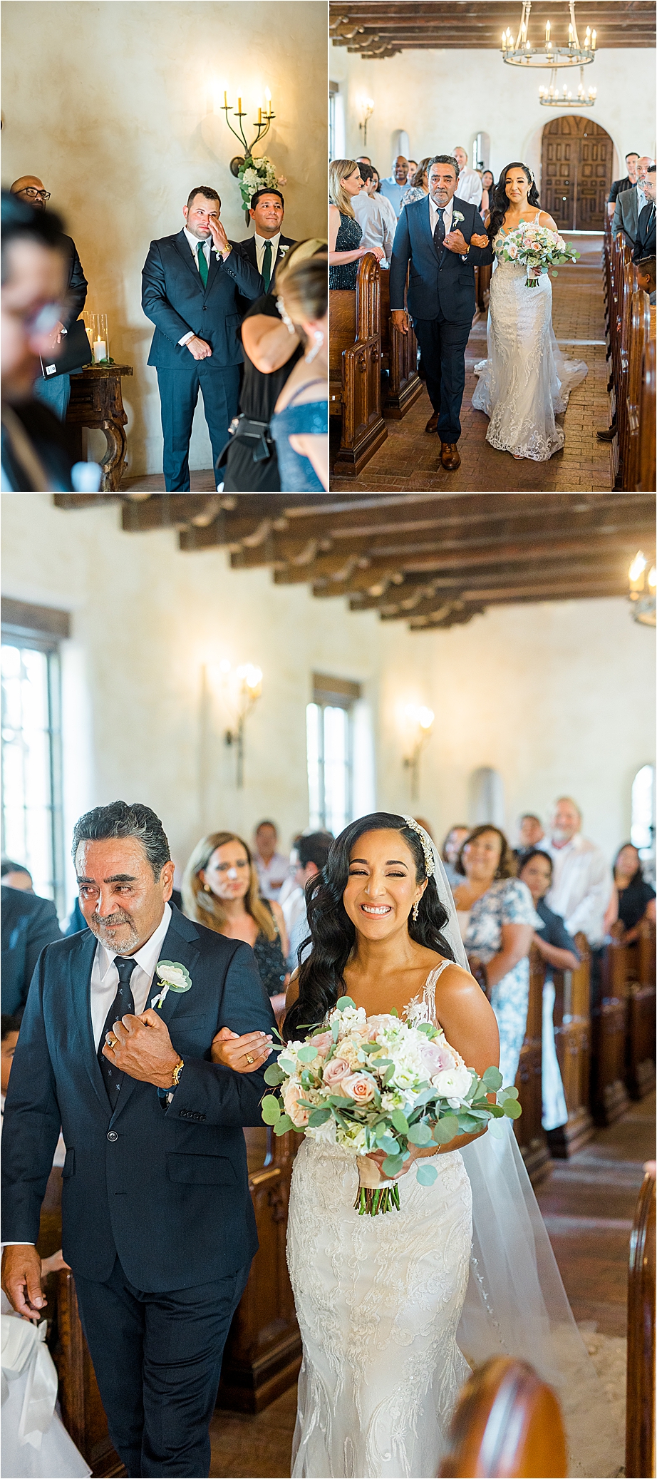 A bride walks down the aisle with her dad while groom cries at Lost Mission in The Texas Hill Country 