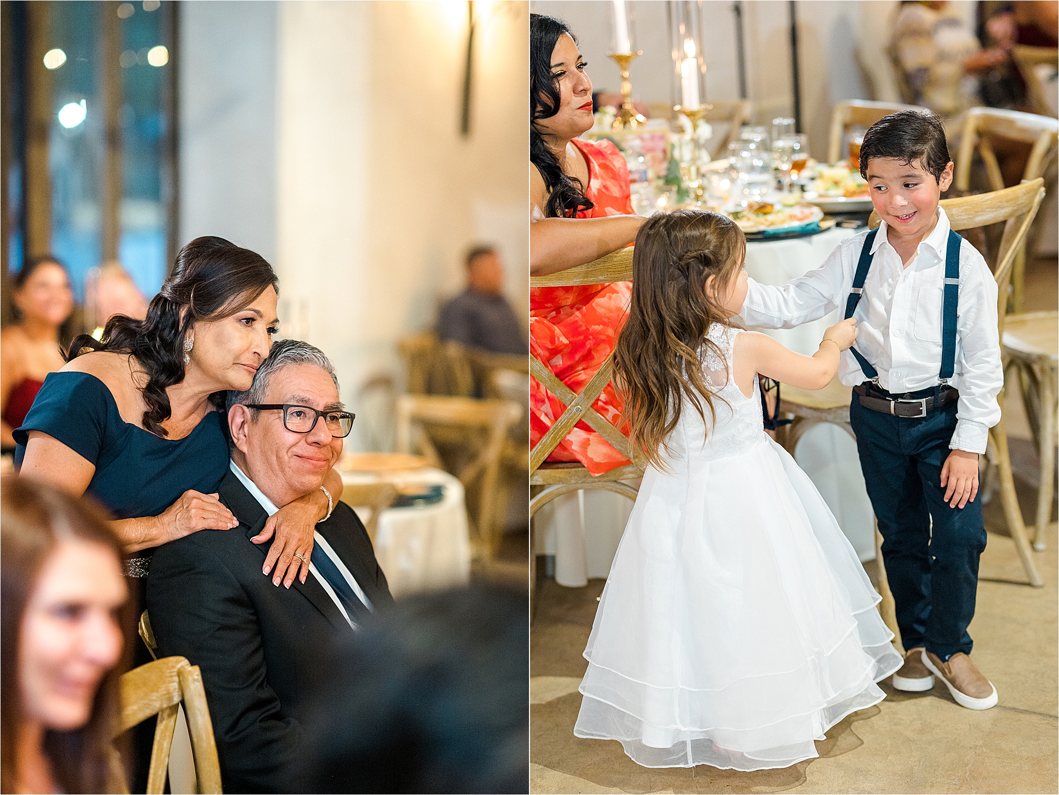 A flower girl and ring bearer share a funny moment at Lost Mission Wedding Reception near San Antonio, Texas 