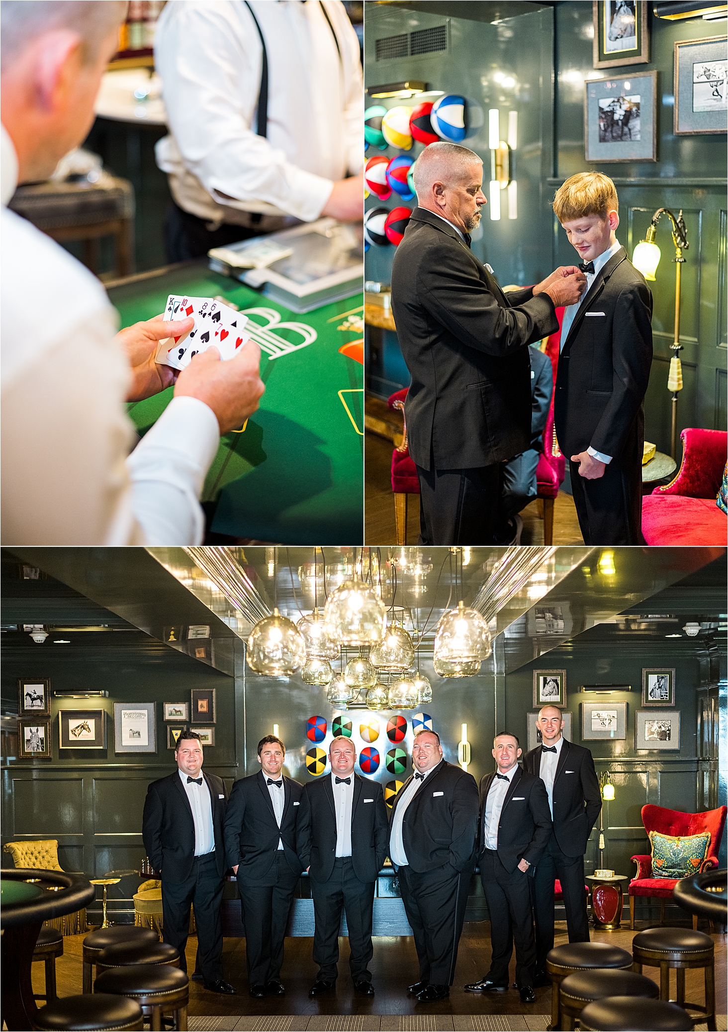 Playing cards and groomsmen photos in the casino at The Redberry Estate