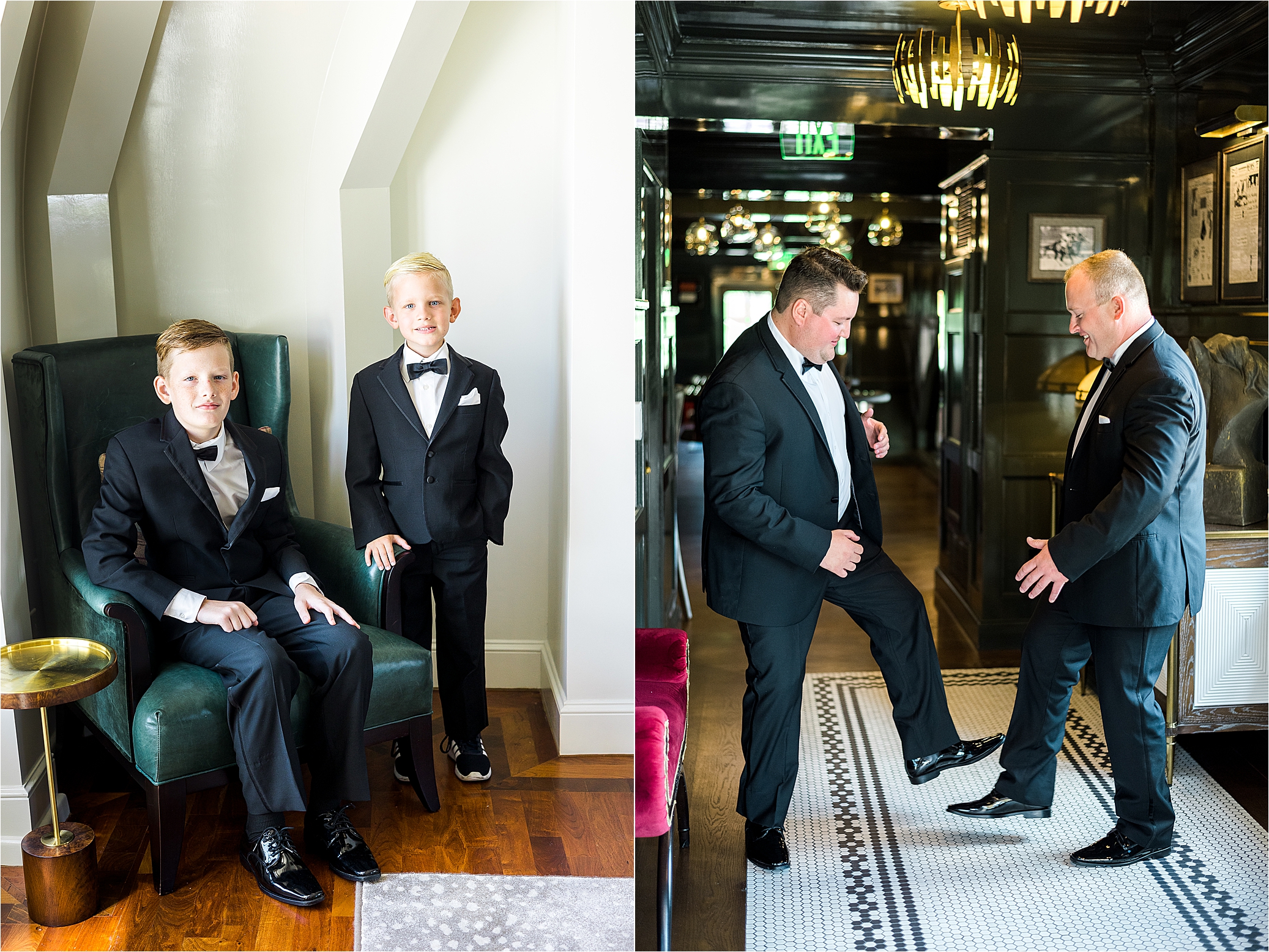 A portrait of ring bearers and groomsmen having fun at Redberry Estate in San Antonio, Texas